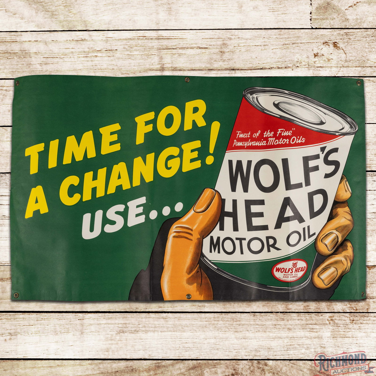 Impressive NOS Wolf's Head Time for a Change! Advertising Banner Sign w/ Quart Can & Hand (1 of 3)