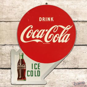 1954 Drink Coca Cola Ice Cold Double Sided Tin Advertising Flange Sign w/ Bottle