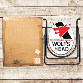 NOS 1970 Wolf's Head 100% Pennsylvania Motor Oil Double Sided Tin Curb Sign w/ Stand & Original Box