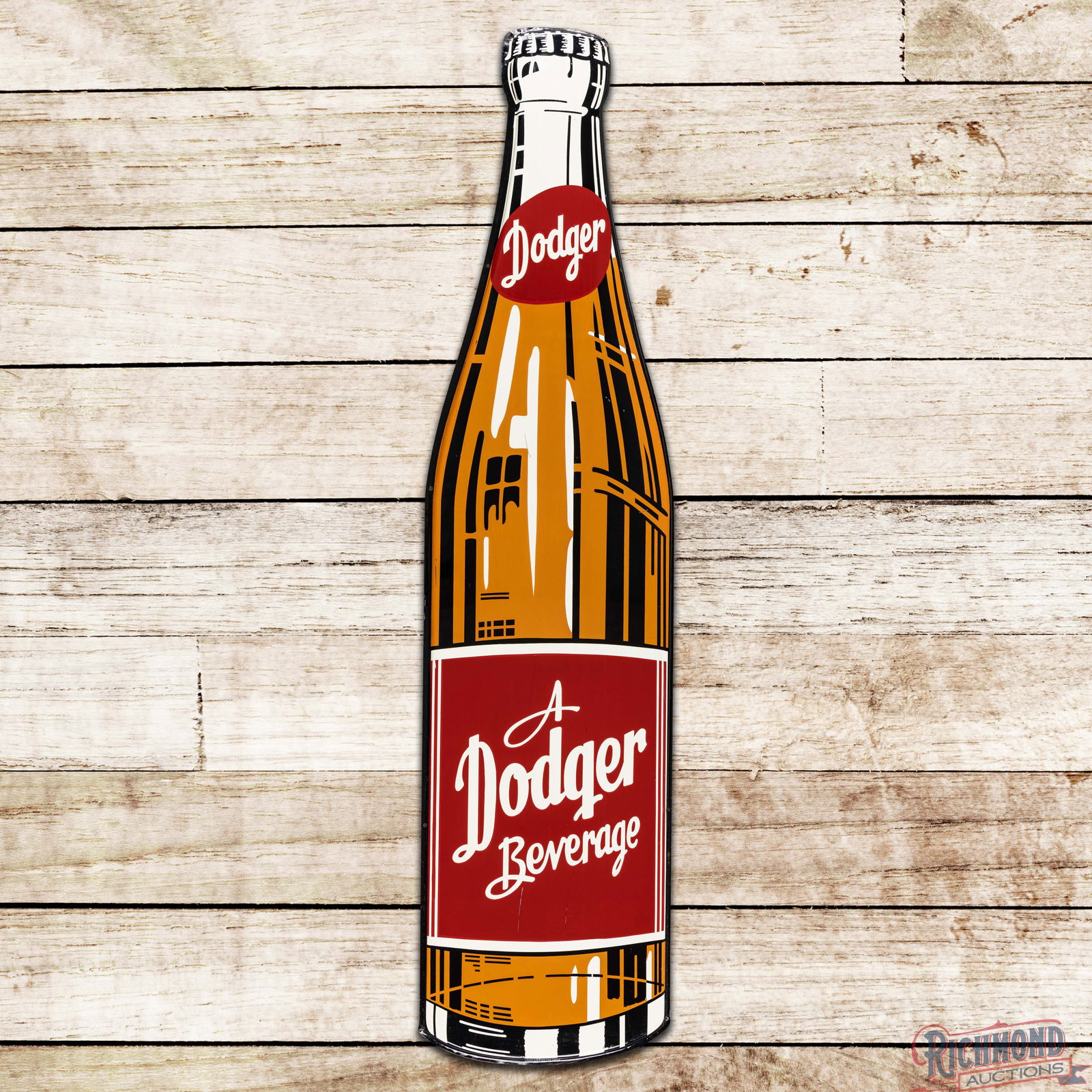 Dodger Beverages Emb. Single Sided Tin Die Cut Bottle Sign: SST (Single Sided Tin) die cut sign has excellent color and shine. The field has light wear with scratches and small paint chips in the outer fields. The perimeter has light wear with small paint chip