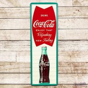 Excellent 1961 Drink Coca Cola "Enjoy That Refreshing New Feeling" Single Sided Tin Sign w/ Bottle