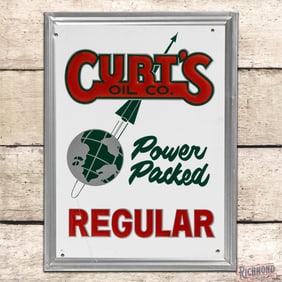 Curt's Oil Co. Power Packed Regular Gasoline Emb. Single Sided Tin Pump Plate Sign