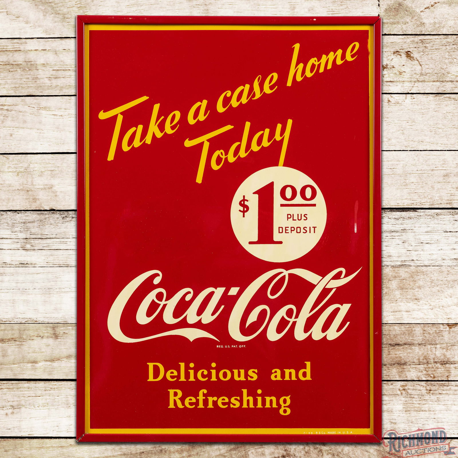 Outstanding 1949 Coca Cola "Take a Case Home Today" $1 "Delicious and Refreshing" Framed SS Tin Sign (1 of 3)