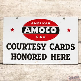 Amoco American Gas Courtesy Cards Honored Here Double Sided Porcelain Sign w/ Logo