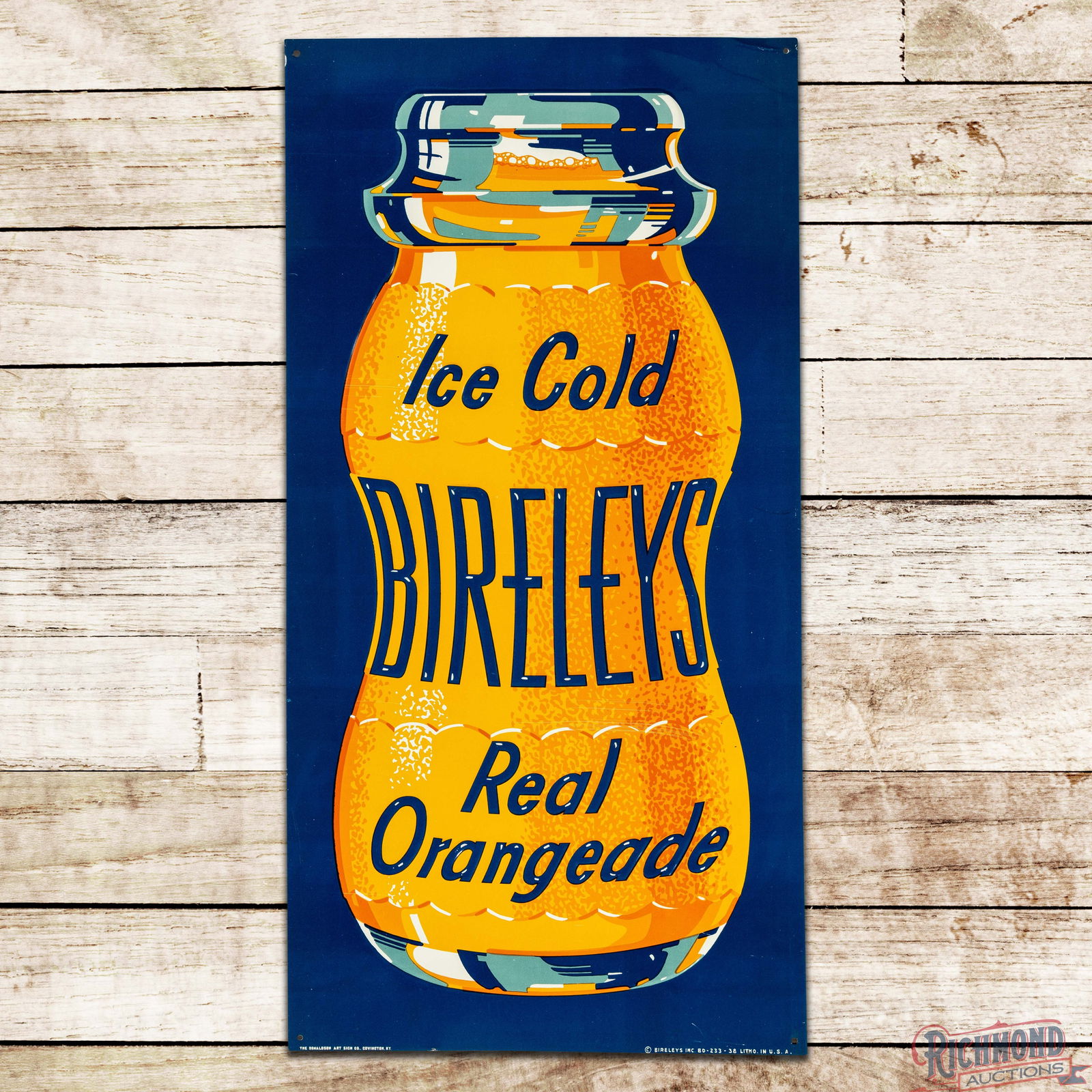 Ice Cold Bierley's Real Orangeade Emb. Single Sided Tin Sign w/ Bottle (1 of 3)
