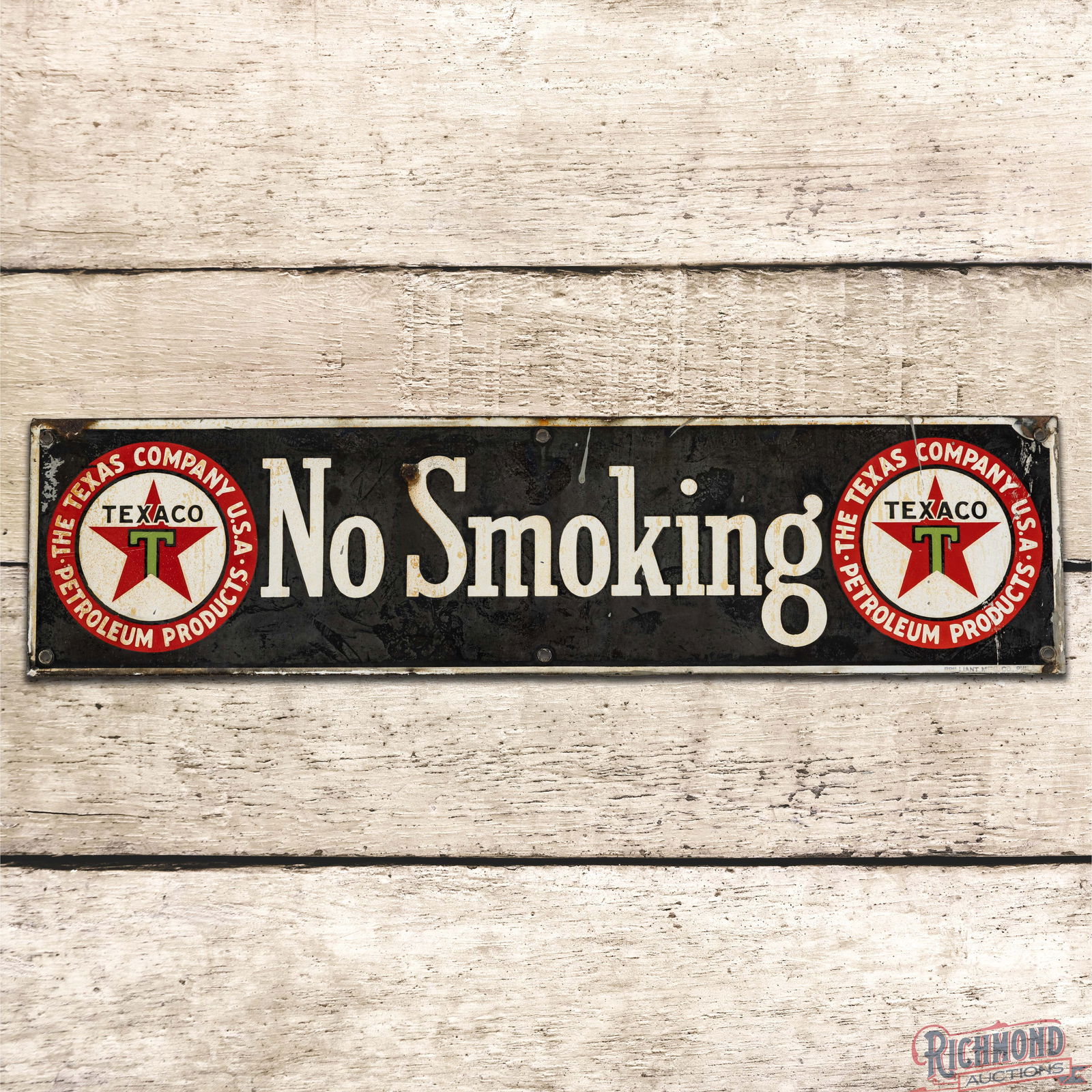 Texaco The Texas Company No Smoking Single Sided Porcelain Logo Sign w/ Black T: SSP (Single Sided Porcelain) sign has good color and moderate gloss. The field has cloudiness with areas of discoloration and a chip in the "S" of Smoking. The perimeter has chips with errant silver p