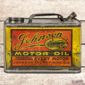 Johnson Motor Oil Refining One Gallon Metal Can w/ Early Automobile