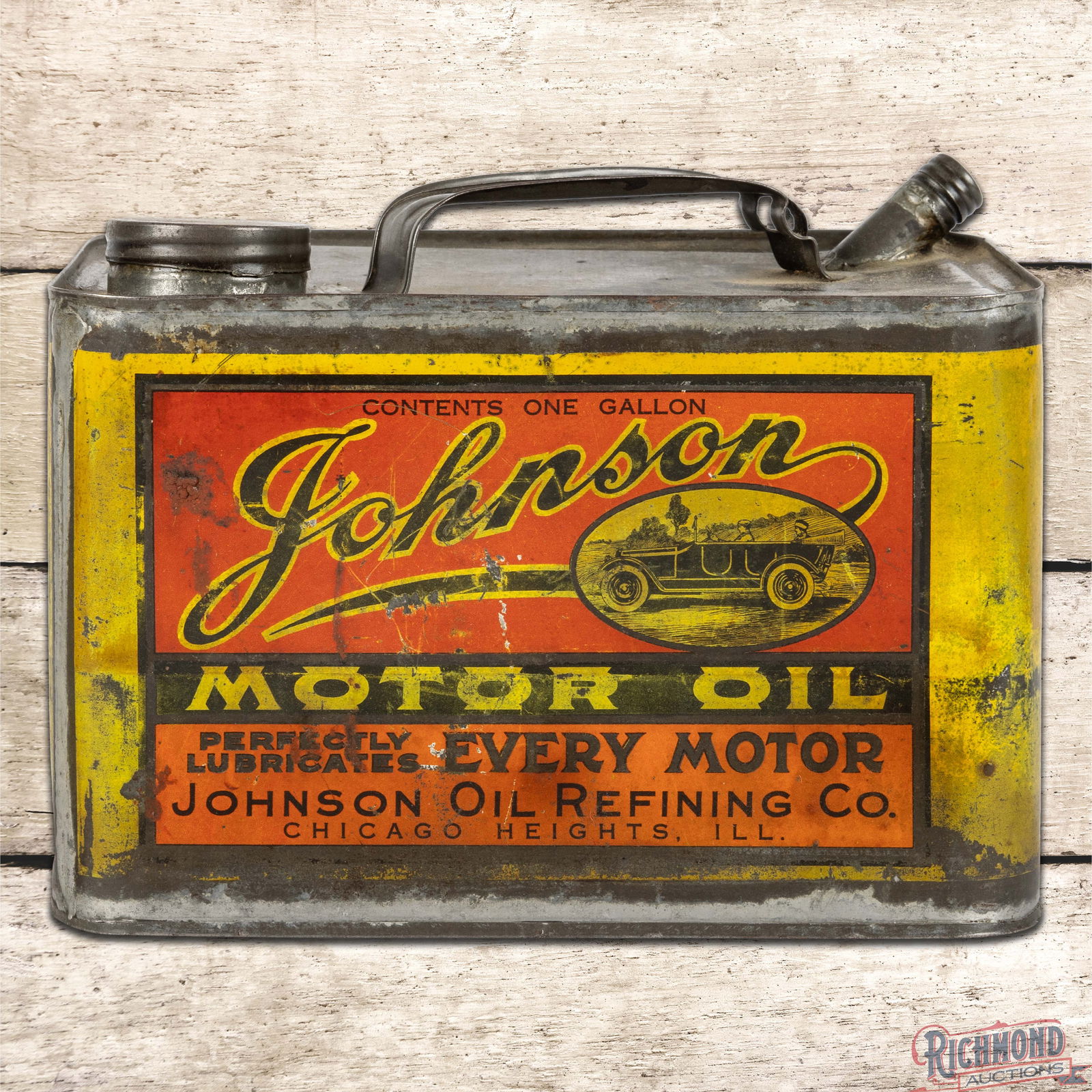 Johnson Motor Oil Refining One Gallon Metal Can w/ Early Automobile (1 of 4)