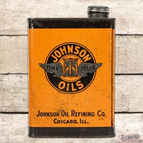Johnson Motor Oil Refining One Gallon Metal Can w/ Time Tells Logo