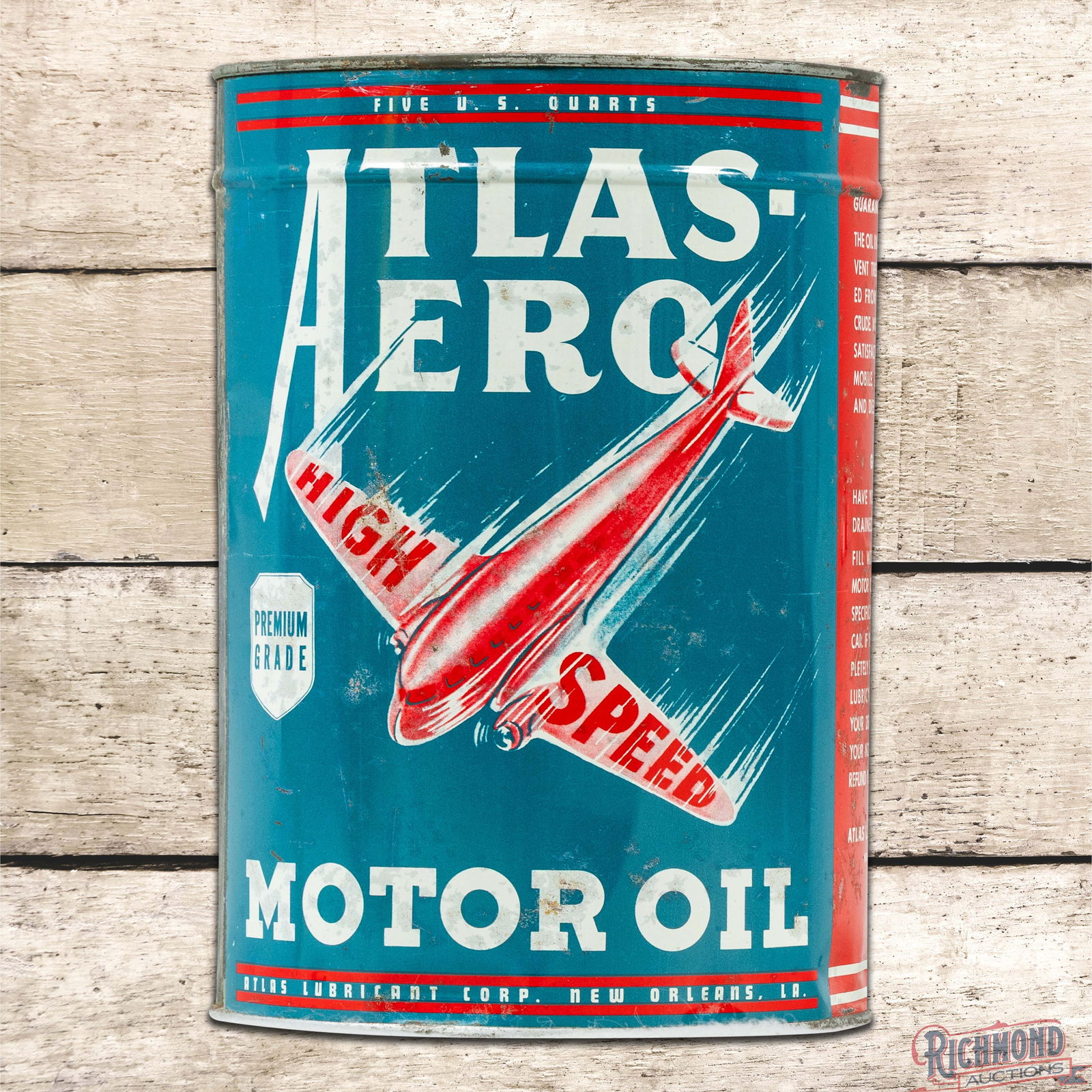 Atlas Aero "High Speed" Motor Oil Metal 5 Quart Can w/ Airplane (1 of 6)