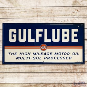1948 Gulflube "The High Mileage Motor Oil" Emb. Single Sided Tin Sign w/ Logo