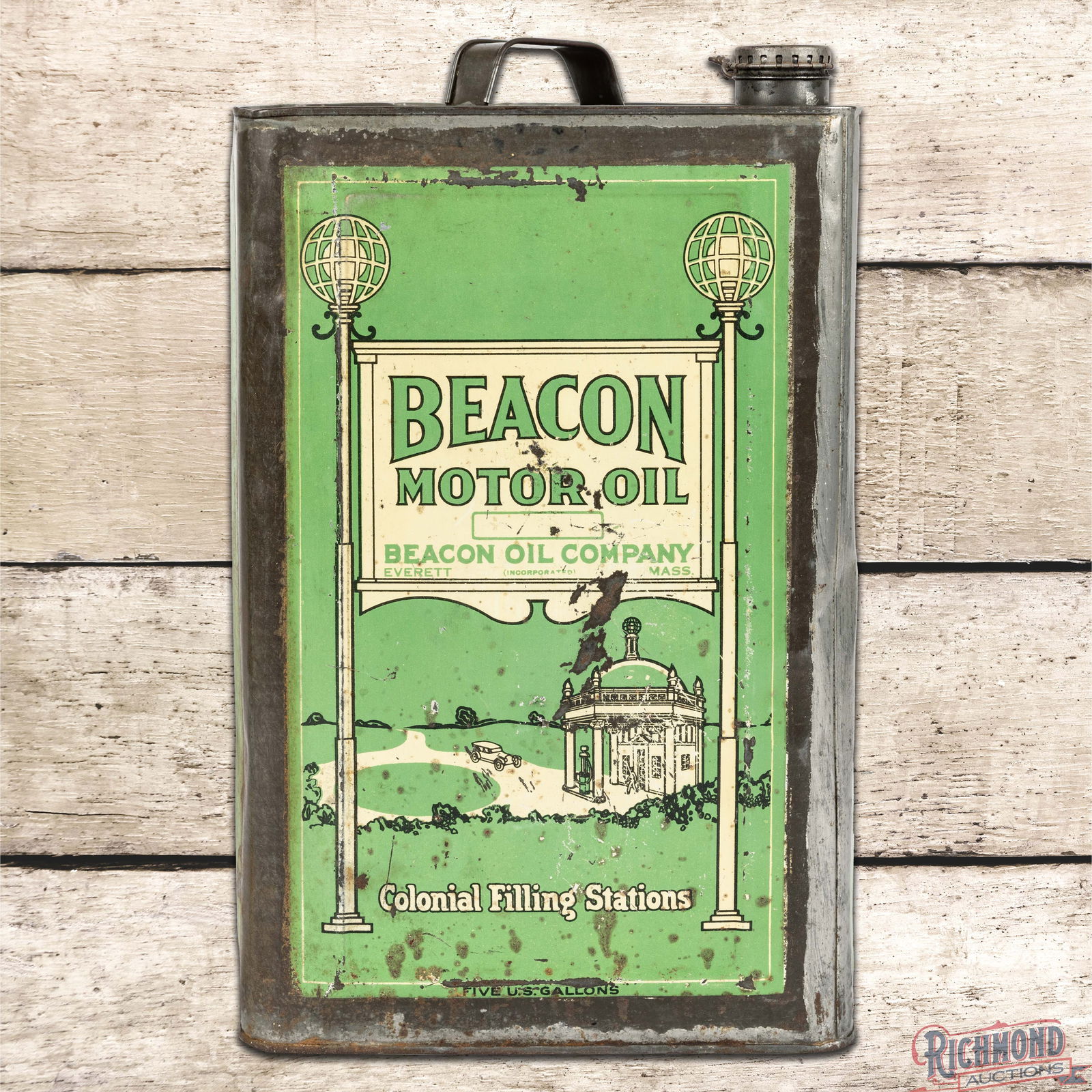 Colonial Beacon Motor Oil 5 Gallon Metal Can w/ Service Station Graphic (1 of 6)