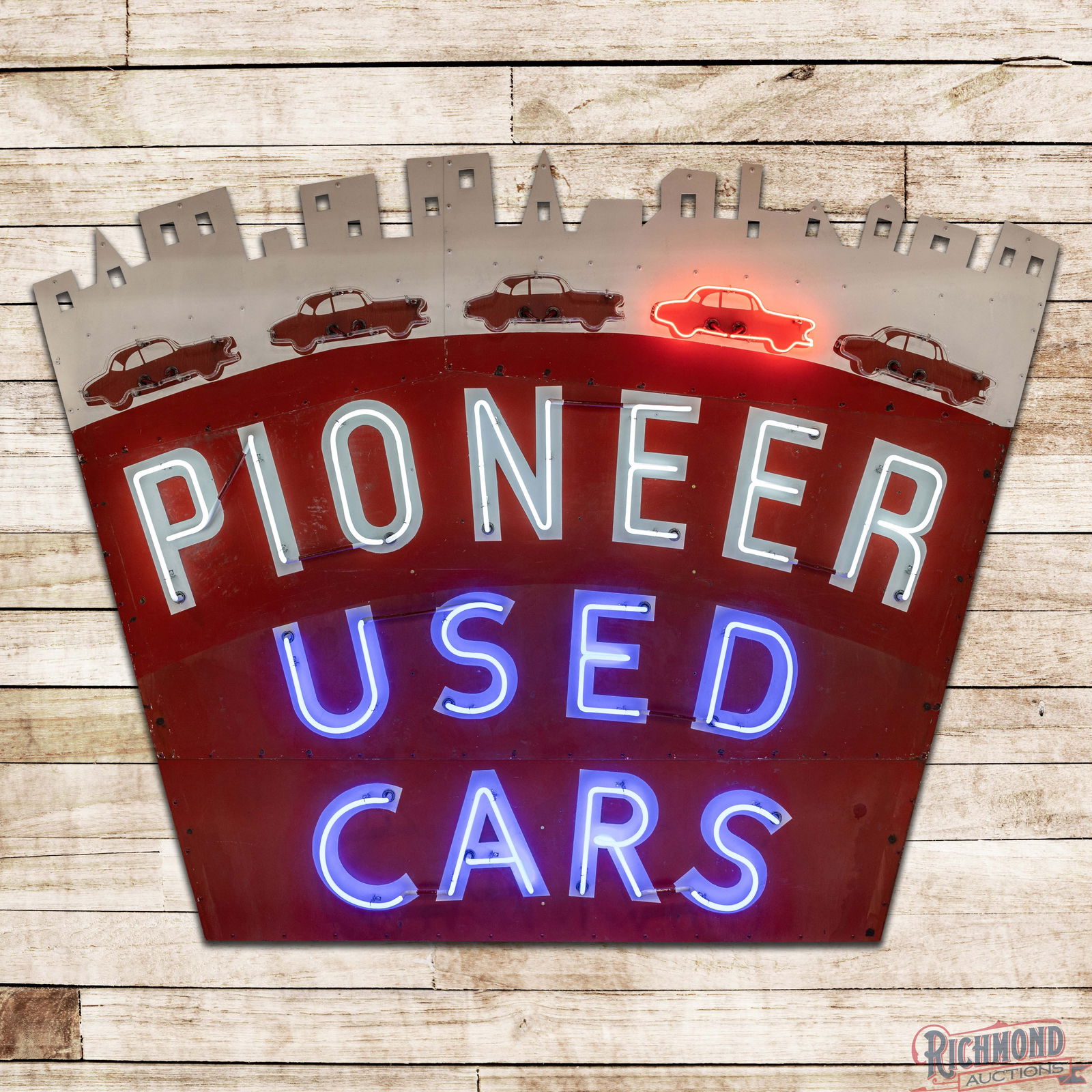 Pioneer Used Cars 10' Single Sided Porcelain Die Cut Animated Factory Neon Sign: SSP (Single Sided Porcelain) die cut multi-piece factory neon sign and new metal can have good color. The sign features three-color neon with a backlighted upper die cut edge and "Sequenced" flashing