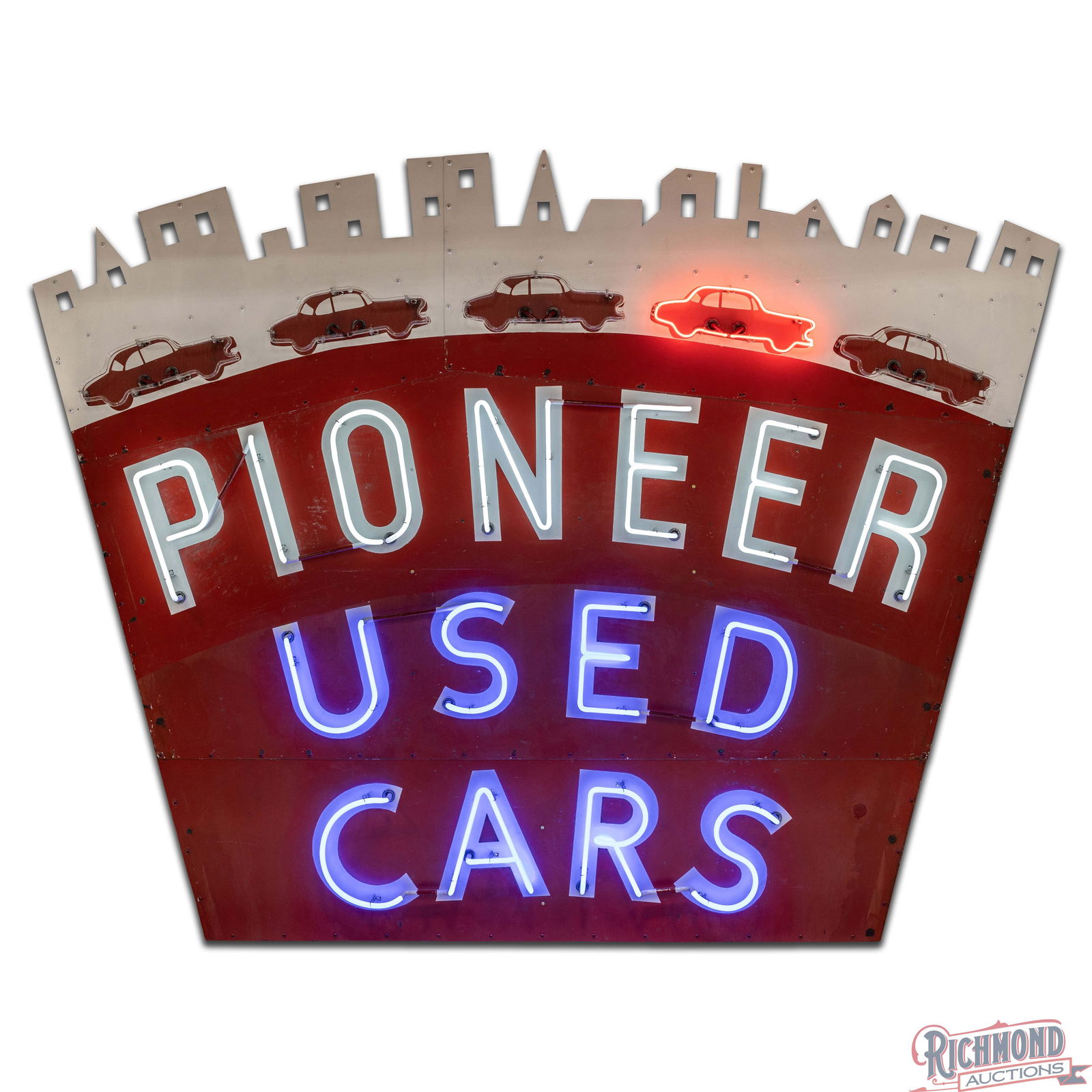 Pioneer Used Cars 10' Single Sided Porcelain Die Cut Animated Factory Neon Sign - 2