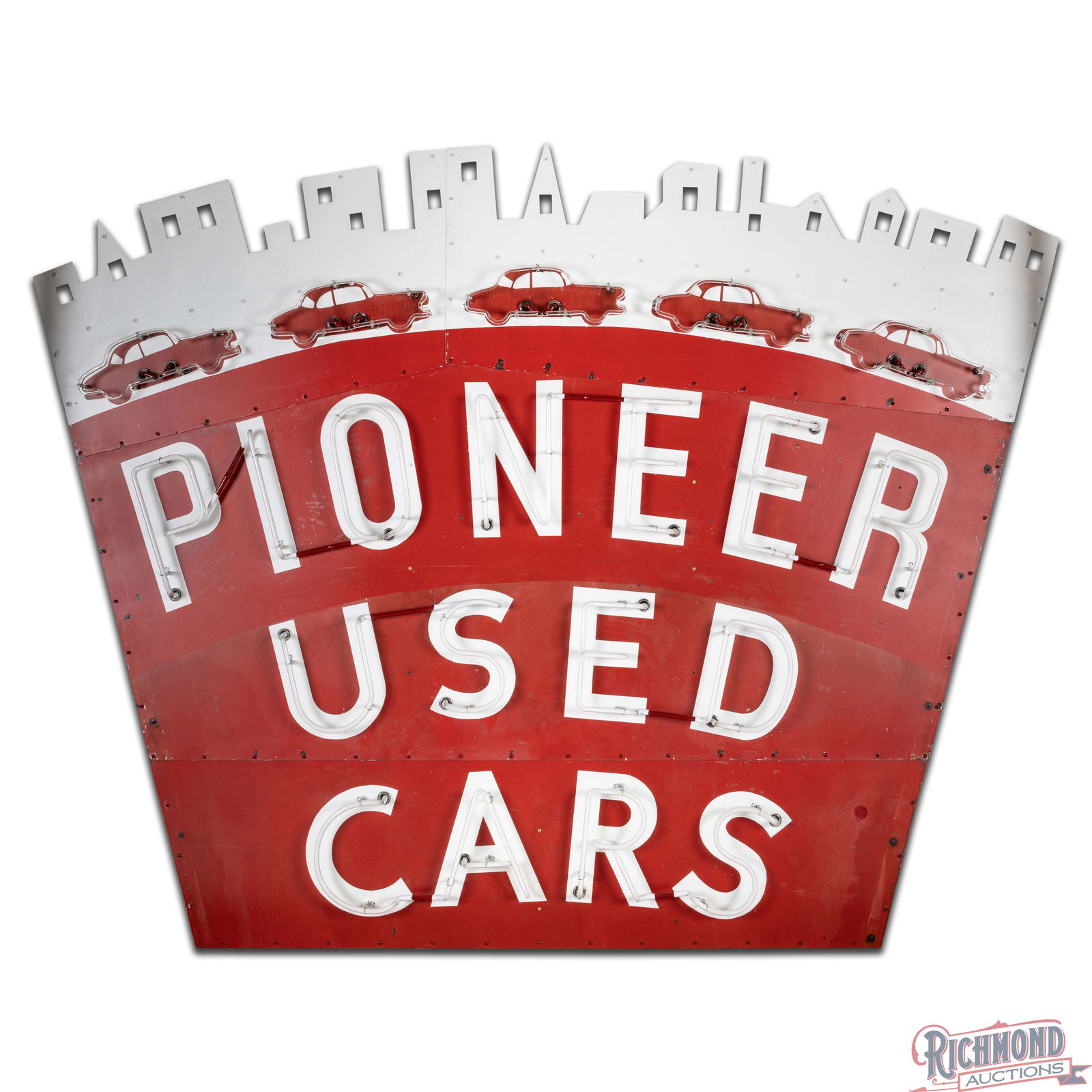 Pioneer Used Cars 10' Single Sided Porcelain Die Cut Animated Factory Neon Sign - 3