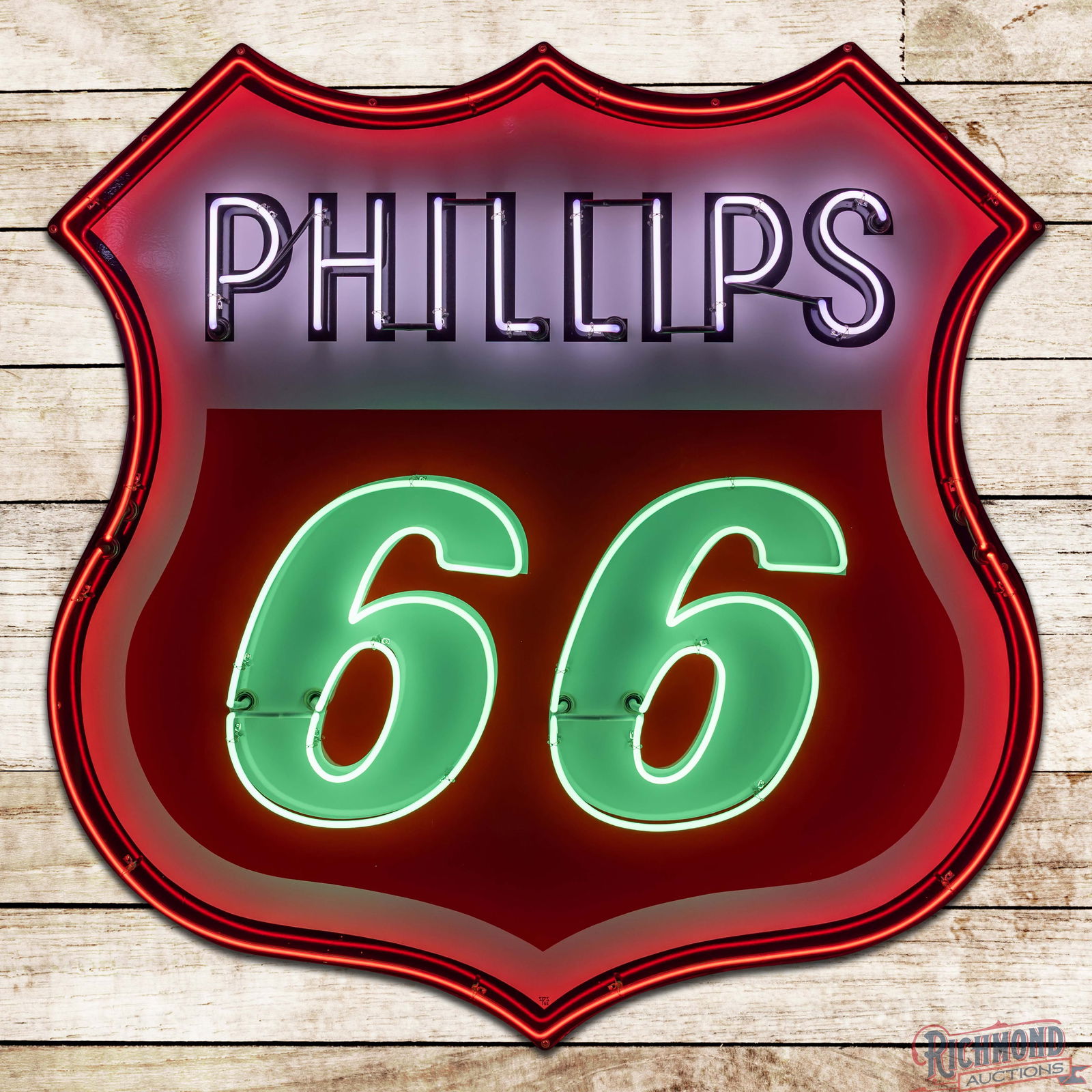 Excellent 1966 Phillips 66 Gasoline 6' Single Sided Porcelain Neon Service Station Sign: SSP (Single Sided Porcelain) sign with added neon and a new metal can has outstanding color and gloss. The sign features three-color neon with sequenced "66"numbers. The first number lights, then the