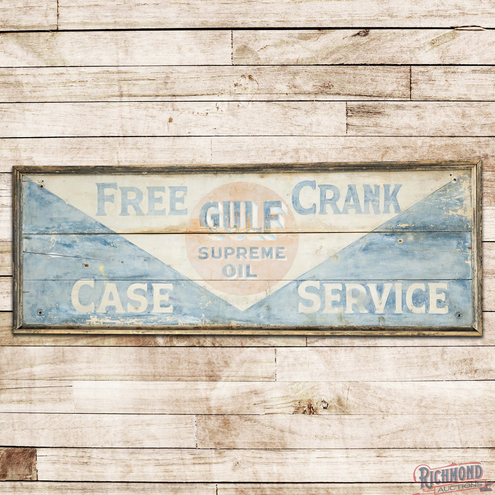 Early Gulf Supreme Oil Free Crank Case Service 8.5' SS Wooden Sign: Amazing early single-sided wooden sign with the factory wooden frame. We believe this to be one of the earliest Gulf signs with an estimated date of use between the mid-teens through the mid 1920s.