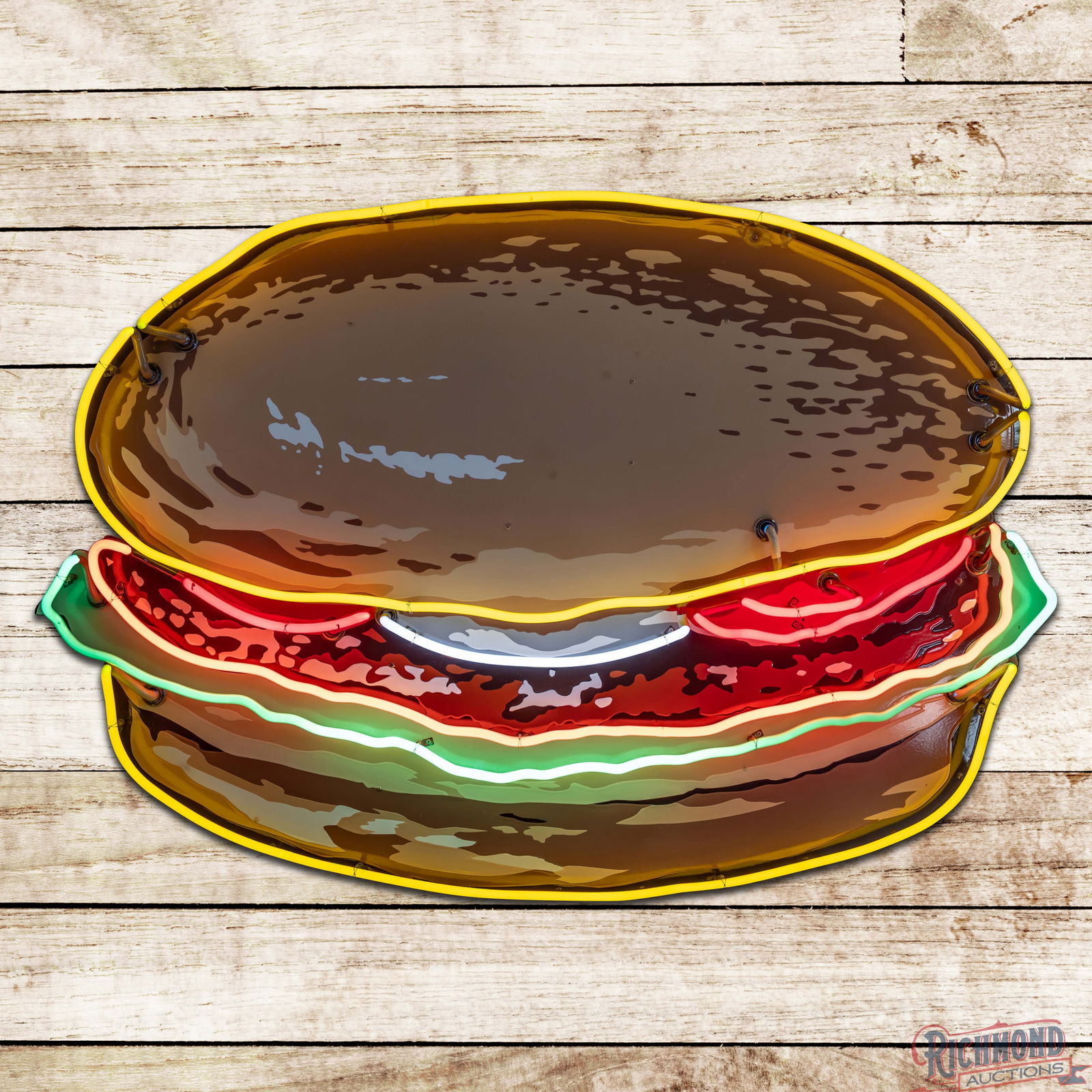 Fantastic Hamburger 5.5' Die Cut "7 Color" Single Sided Porcelain Factory Neon Sign: SSP (Single Sided Porcelain) factory neon sign with metal can has outstanding color and gloss. The sign features seven-color porcelain enamel with heavy shelving and five-color neon. The sign has mino