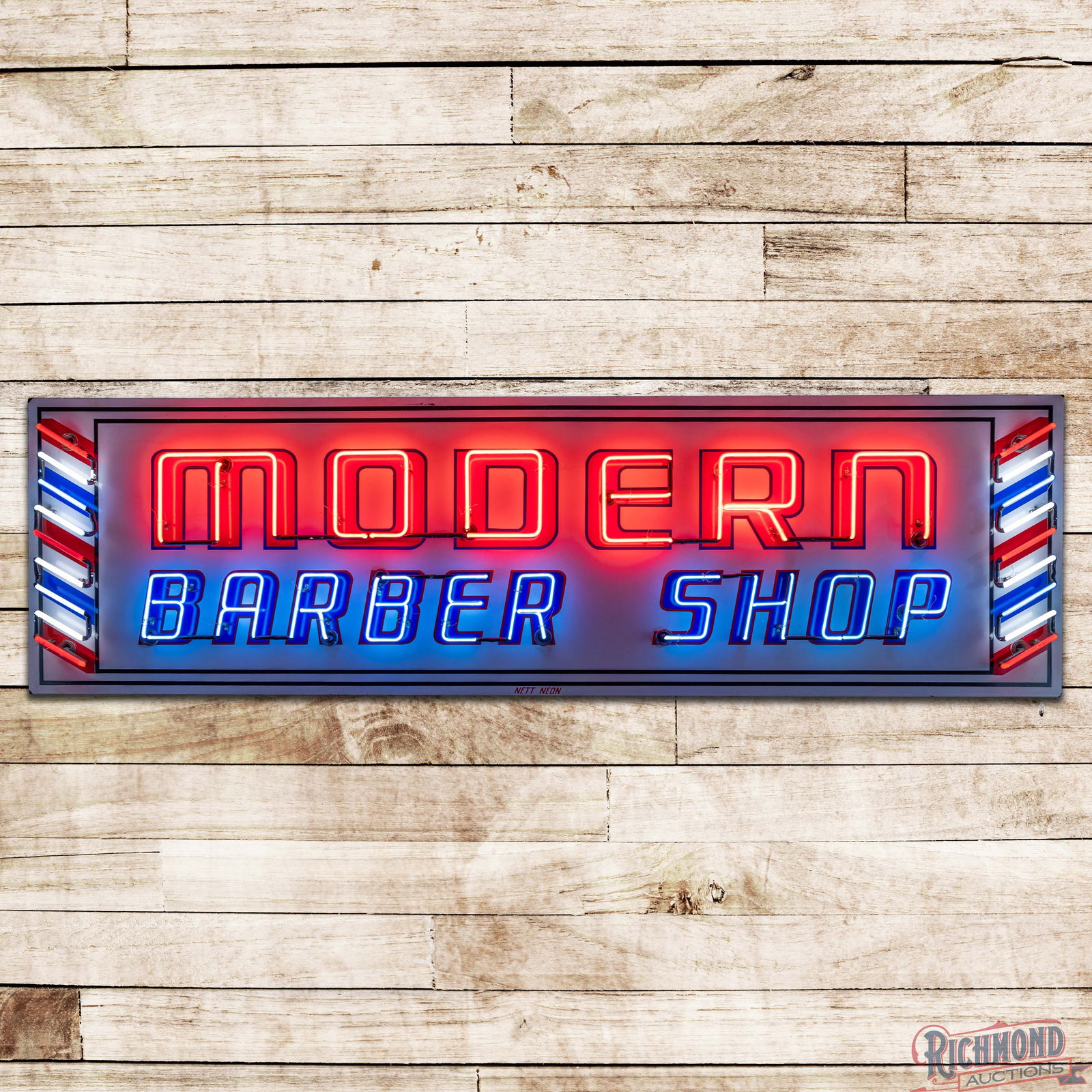Modern Barber Shop 10' Single Sided Porcelain Factory Neon Sign: SSP (Single Sided Porcelain) factory neon sign with the original metal can has excellent color and gloss. The fields are exceptionally clean with minor surface rubs and areas of slight discoloration i