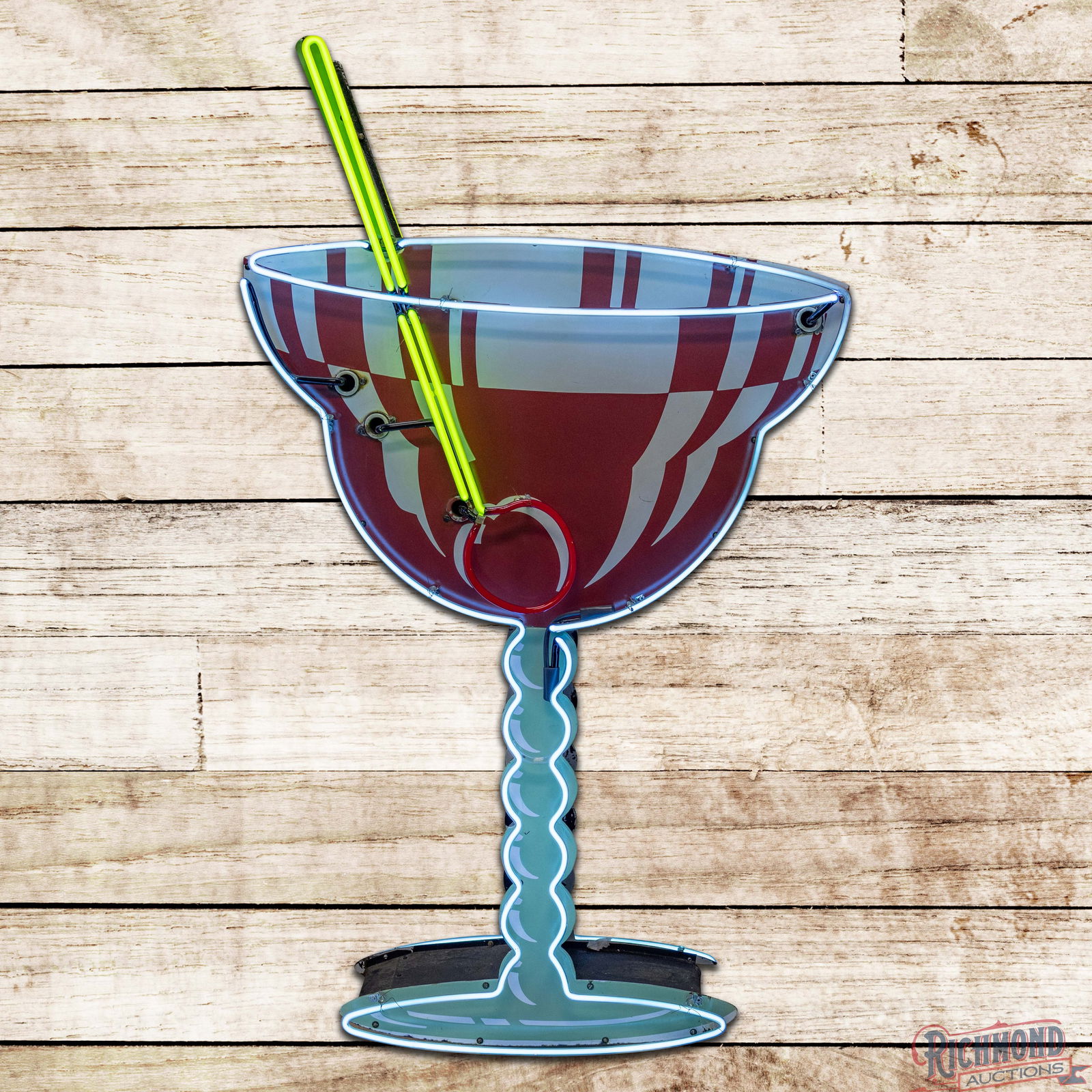 Amazing Martini Cocktail Bar 5' Die Cut Double Sided Porcelain Factory Neon Sign: Rare DSP (Double Sided Porcelain) die cut factory neon sign with the original metal can and wall mount bracket has excellent color and gloss. The sign features intricate three-color neon, which perfec