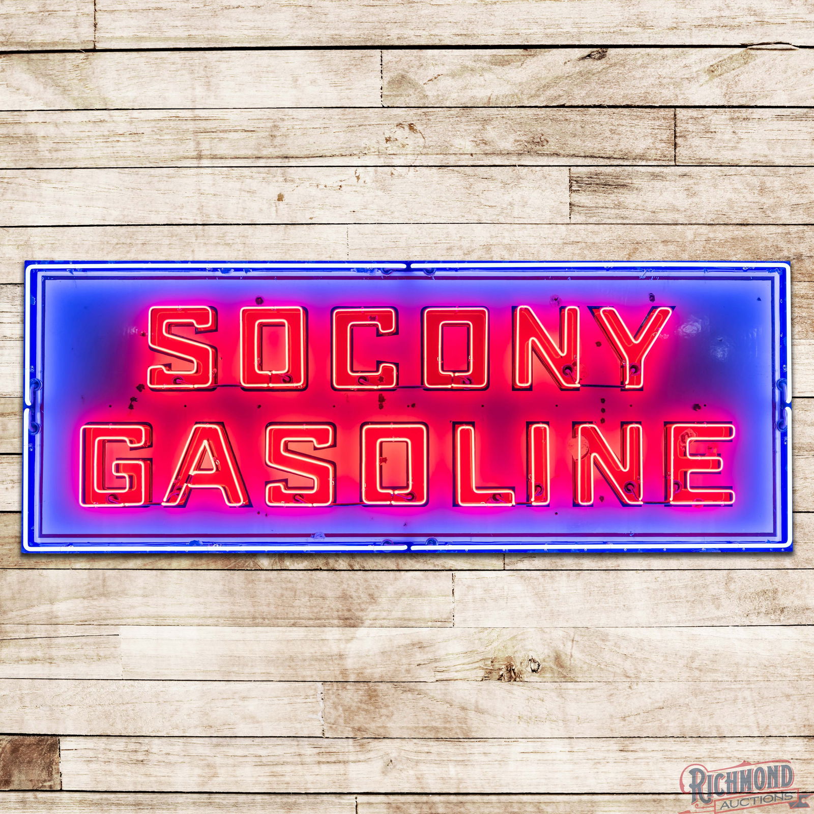 Early Socony Gasoline Single Sided Porcelain Neon Sign: SSP (Single Sided Porcelain) Socony gasoline sign with added neon and a new metal can. The sign has good color and gloss. It shows some chipping, areas of touch up, and a few small nail holes. It disp