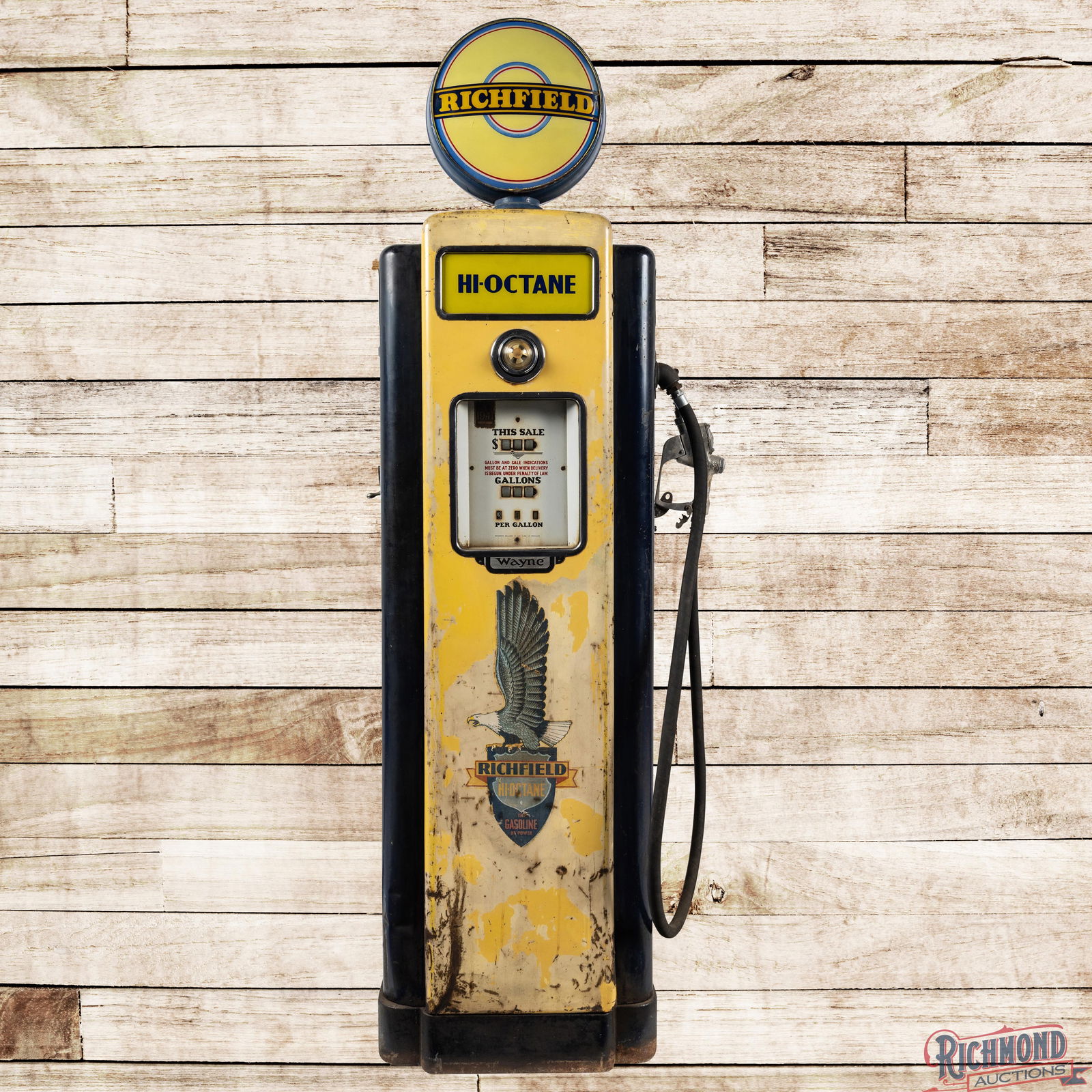 Wayne Model #70 Richfield Gas Pump "Unrestored Beauty": Exceptional Wayne Model #70 computing gas pump features a highly original finish. The pump has outstanding patina showcasing early paint with factory Richfield Hi-Octane decals. It shows areas of