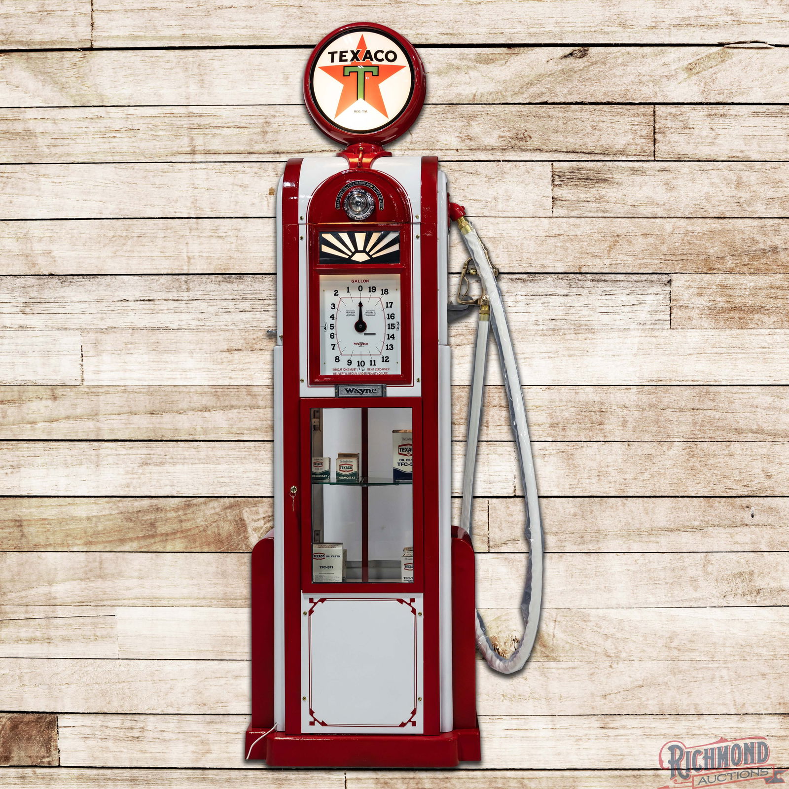 Wayne Model #60 Clockface Showcase Gas Pump Restored Texaco Gasoline: Wayne Model #60 Showcase conversion gas pump with products has been professionally restored. The pump features brilliant red and white paint with high gloss throughout. The finish is very clean