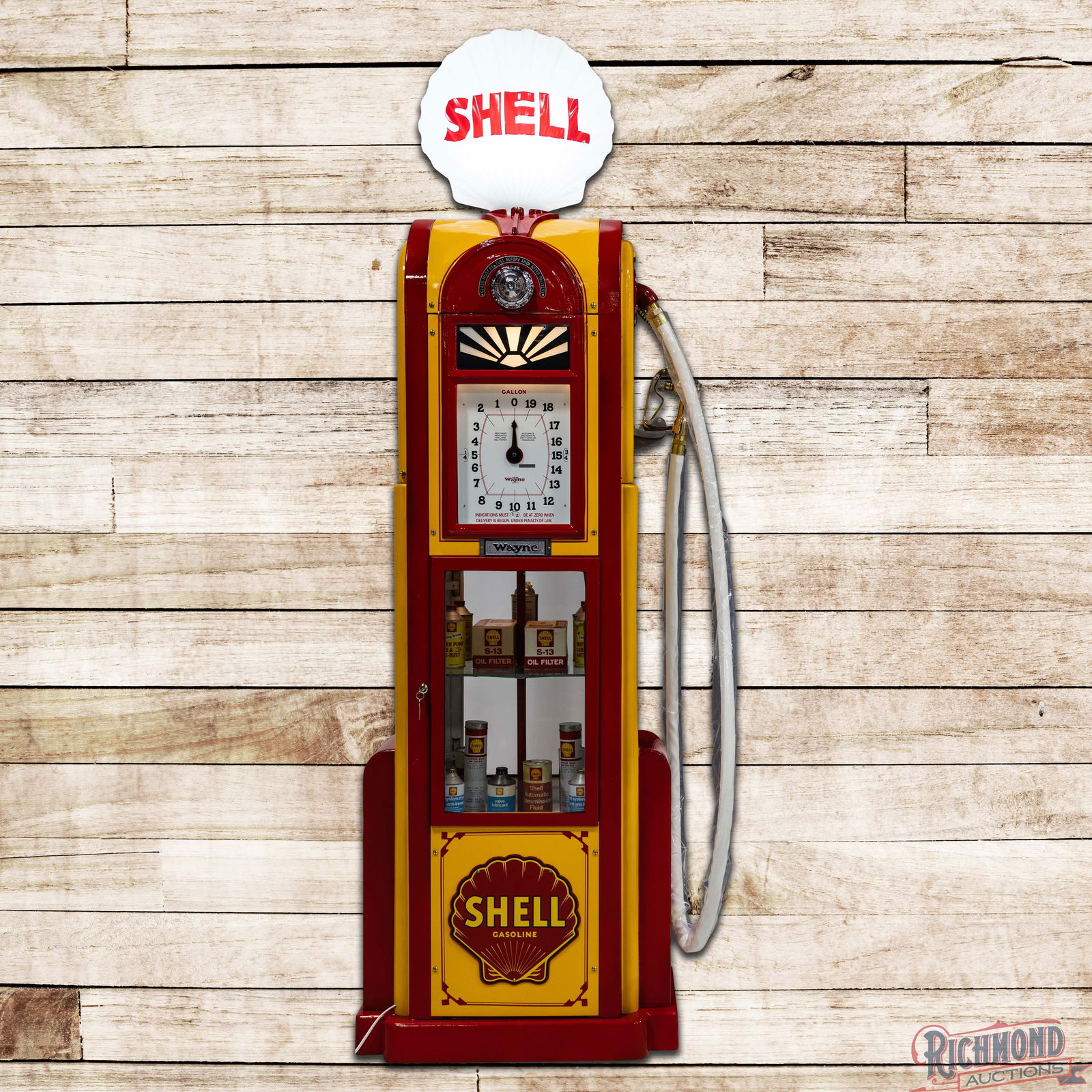 Wayne Model #60 Clockface Showcase Gas Pump Restored Shell Gasoline w/ Products: Wayne Model #60 Showcase conversion gas pump with products has been professionally restored. The pump features brilliant red and yellow paint with high gloss throughout. The finish is very clean overa