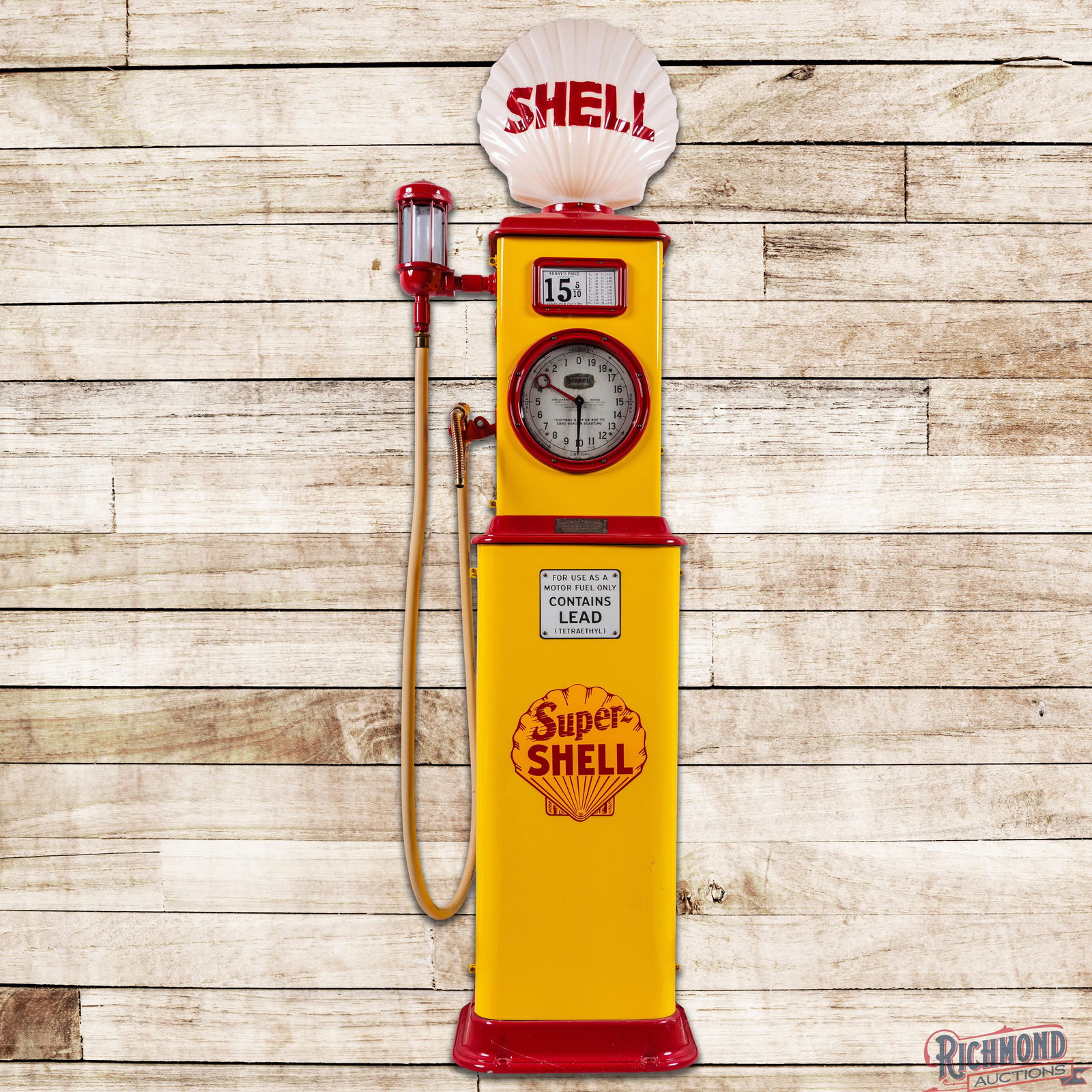 Bennett Model #150 Clockface Gas Pump Restored Super Shell Gasoline: Bennett Model #150 clockface gas pump has been professionally restored. The pump features vibrant yellow and red paint with high gloss and Super Shell decals on the doors. The finish is very clean