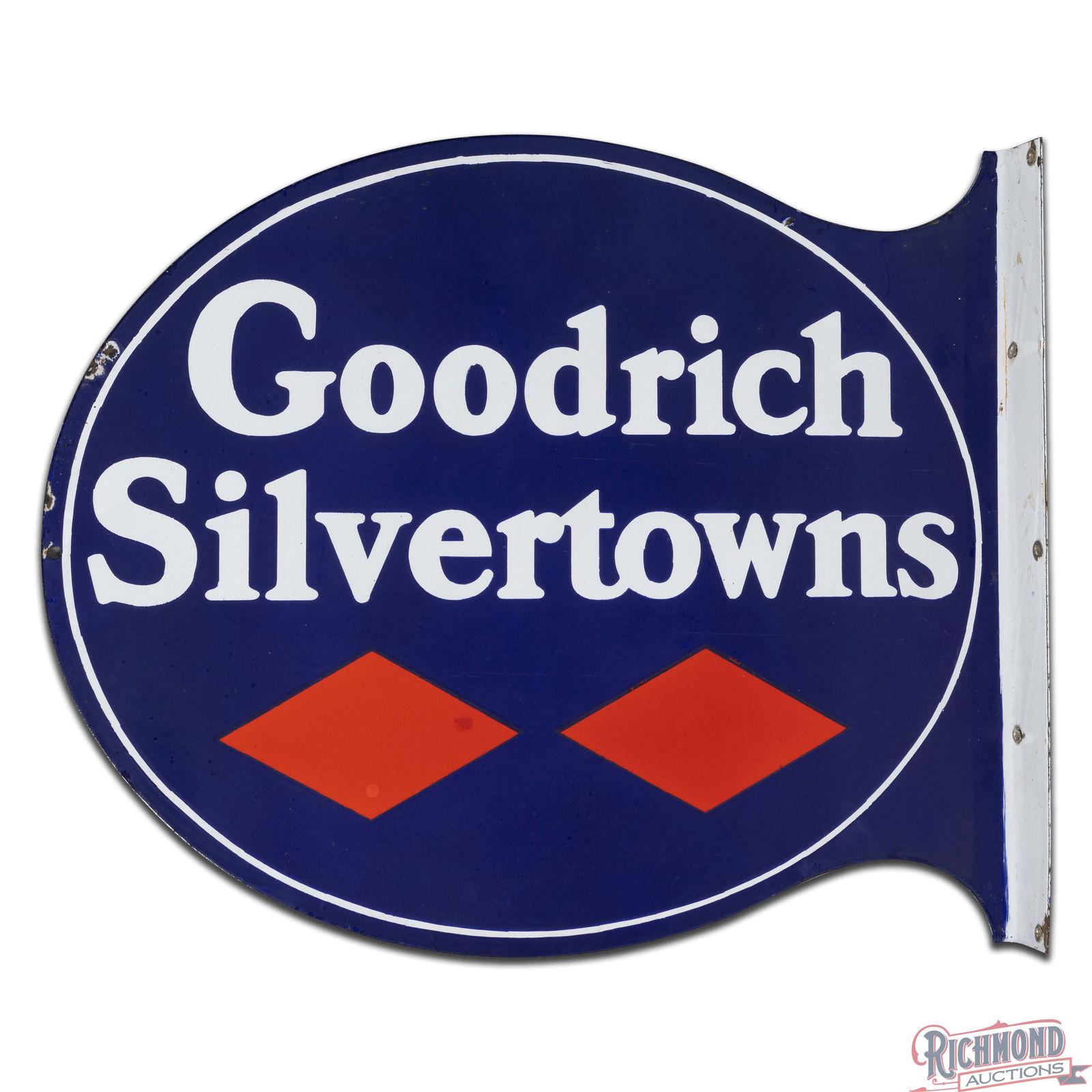 Impressive Goodrich Silvertowns Tires Double Sided Porcelain Flange Sign - 3