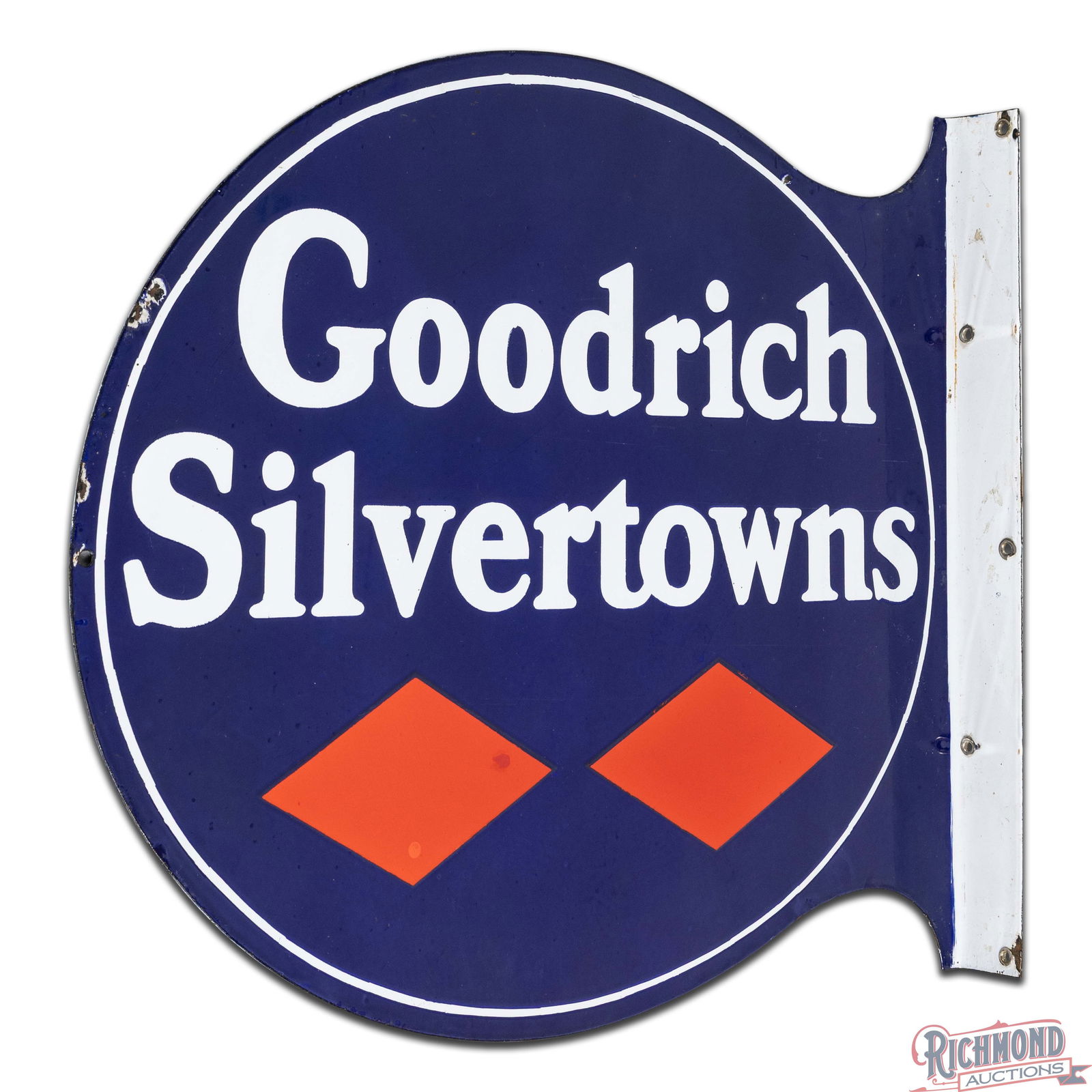 Impressive Goodrich Silvertowns Tires Double Sided Porcelain Flange Sign - 4