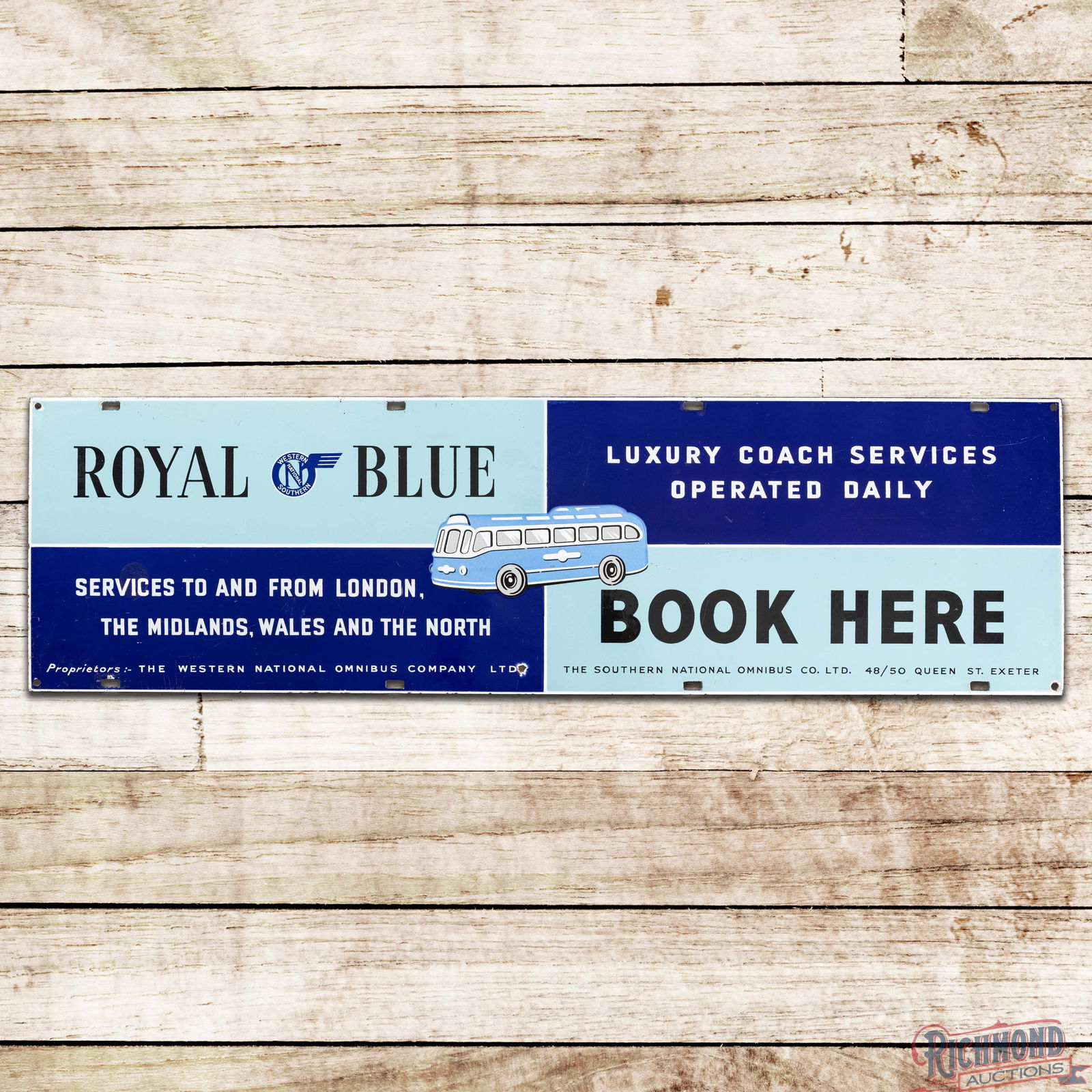 Royal Blue Luxury Coach Services Single Sided Porcelain Sign w/ Bus: SSP (Single Sided Porcelain) sign has outstanding color and gloss. The display has light surface wear with a color-matched chip in the "VIC" lettering in the left field and a small chip in the lower