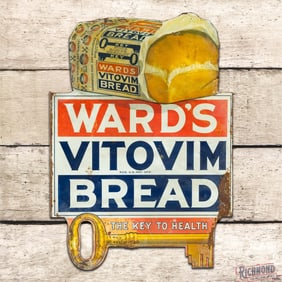 Ward's Vitovim Bread "A Key to Health" Die Cut Double Sided Tin Flange Sign w/ Loaf