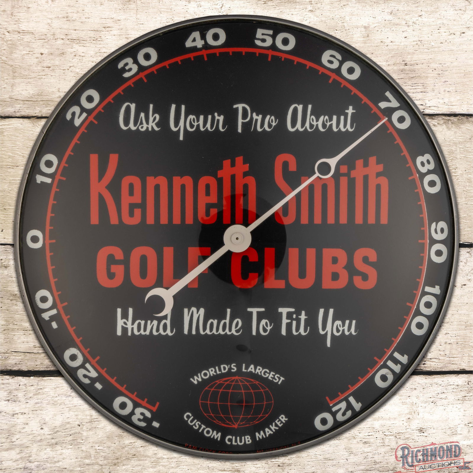 Amazing Kennith Smith Golf Clubs 12" Pam Advertising Thermometer: Single-sided closed-back Pam glass face thermometer has outstanding color. The inner face is exceptionally clean with minor surface imperfections in the outer fields. The metal can is in excellent