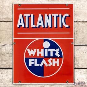 1949 Atlantic White Flash Gasoline Single Sided Porcelain Pump Plate Sign