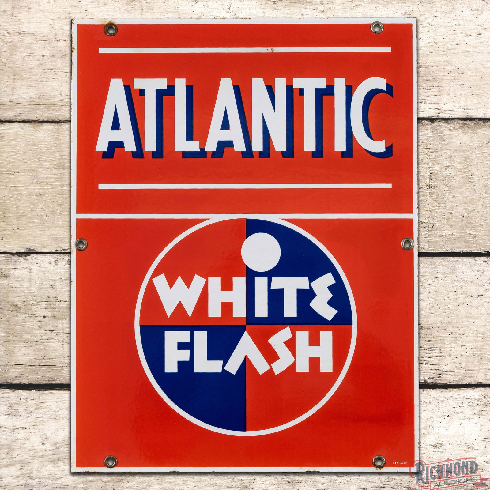 1949 Atlantic White Flash Gasoline Single Sided Porcelain Pump Plate Sign: SSP (Single Sided Porcelain) pump plate has excellent color. The field is clean with light fine scratches in the upper right fields and lower gloss in the white porcelain enamel lettering. The