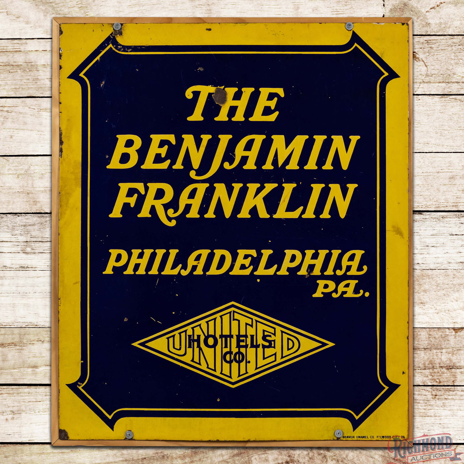 The Benjamin Franklin Hotel Philadelphia PA Double Sided Porcelain Sign: DSP (Double Sided Porcelain) sign with an added wooden frame has good color and gloss. The field exhibits chips with surface wear. The perimeter has areas of discoloration with small chips and