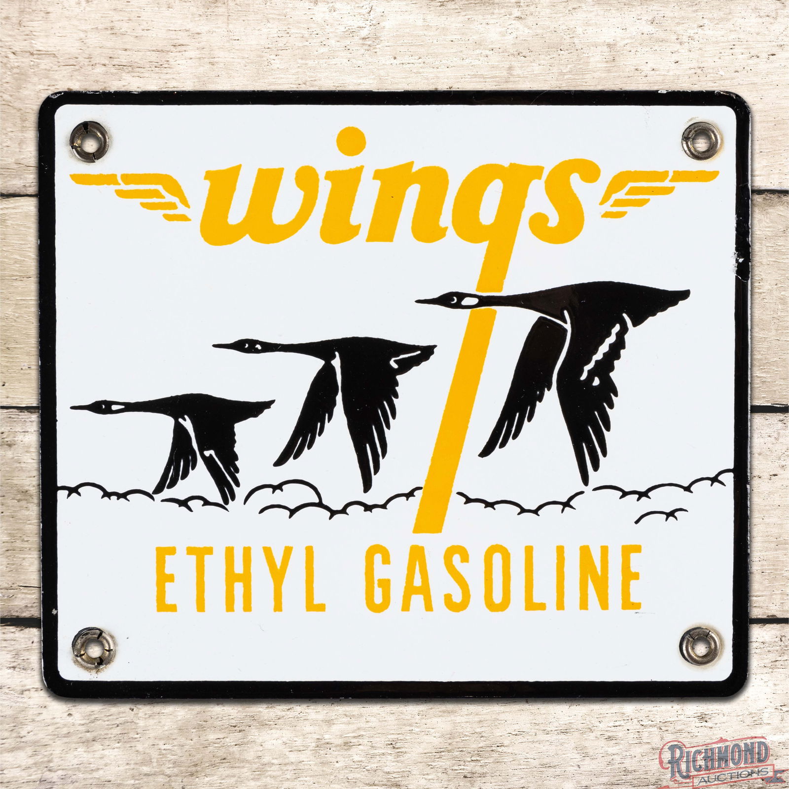 Exceptional Wings Ethyl Gasoline Single Sided Porcelain Pump Plate Sign: Scarce SSP (Single Sided Porcelain) pump sign has day one color and gloss. The sign features outstanding graphics of three geese flying above the clouds. The display is exceptionally clean with amazin