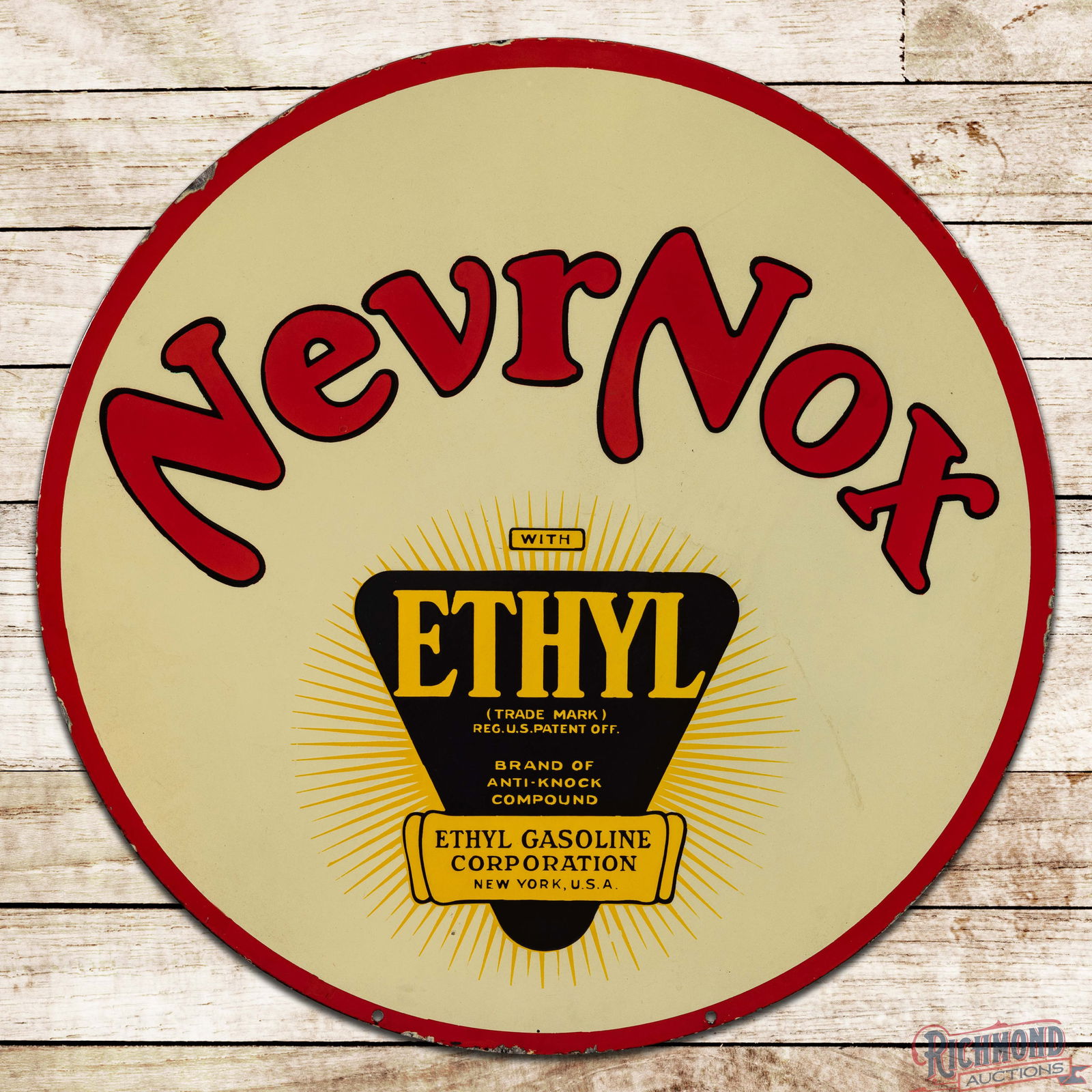 Outstanding Nevr Nox Ethyl Gasoline 30" Double Sided Porcelain Sign w/ Logo: DSP (Double Sided Porcelain) sign has excellent color and gloss. The display is very clean overall, with minor discoloration in the right fields and a tiny chip near one of the lower Ethyl burst