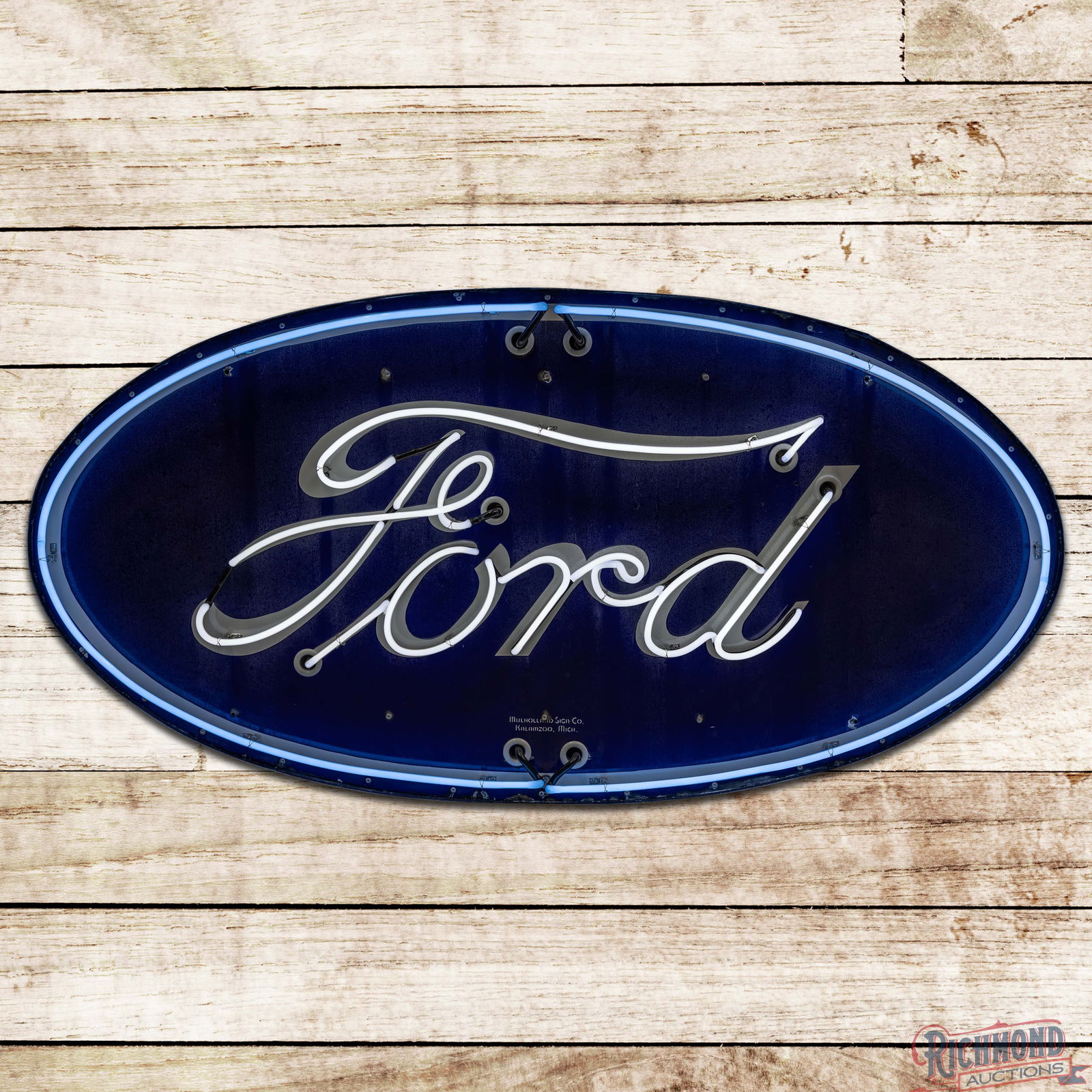 Ford Automobiles 6' Single Sided Porcelain Factory Neon Sign: SSP (Single Sided Porcelain) factory neon sign with a metal can has very good color and gloss. The display has cloudiness to the blue porcelain enamel with tiny factory imperfections in the Ford lette