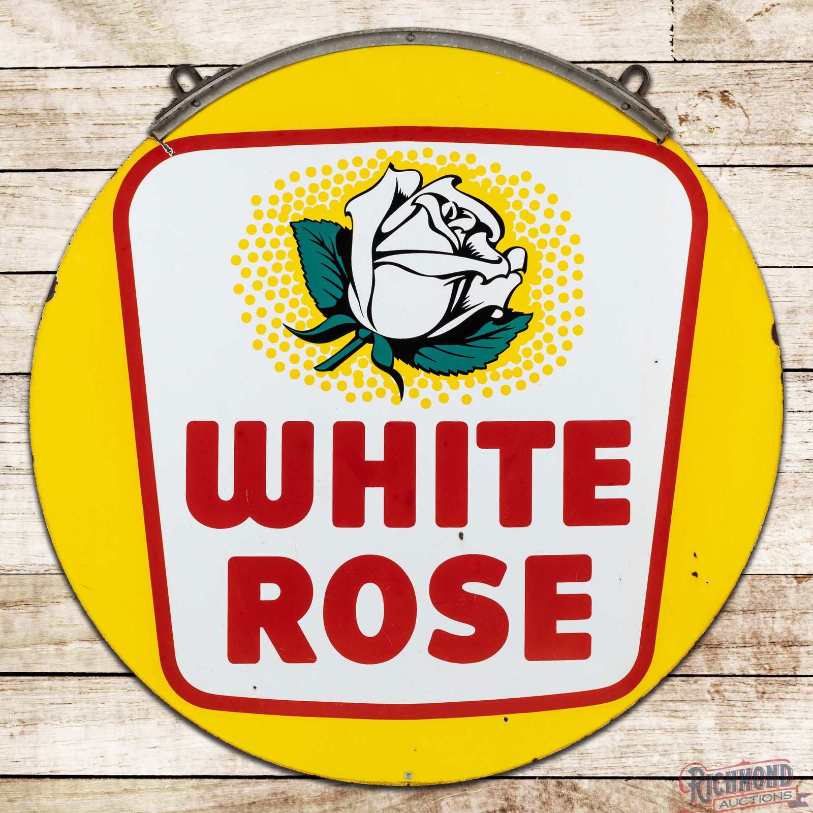 White Rose Gasoline 50" Double Sided Porcelain ID Logo Sign w/ Hanger: DSP (Double Sided Porcelain) sign with the factory hanging bracket has very good color and gloss. The display has light surface wear with fine scratches, marks and small chips in the lettering and