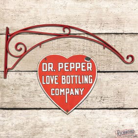 Rare Dr. Pepper Love Bottling Company Die Cut Single Sided Porcelain Sign w/ Ring "Heart Shaped"
