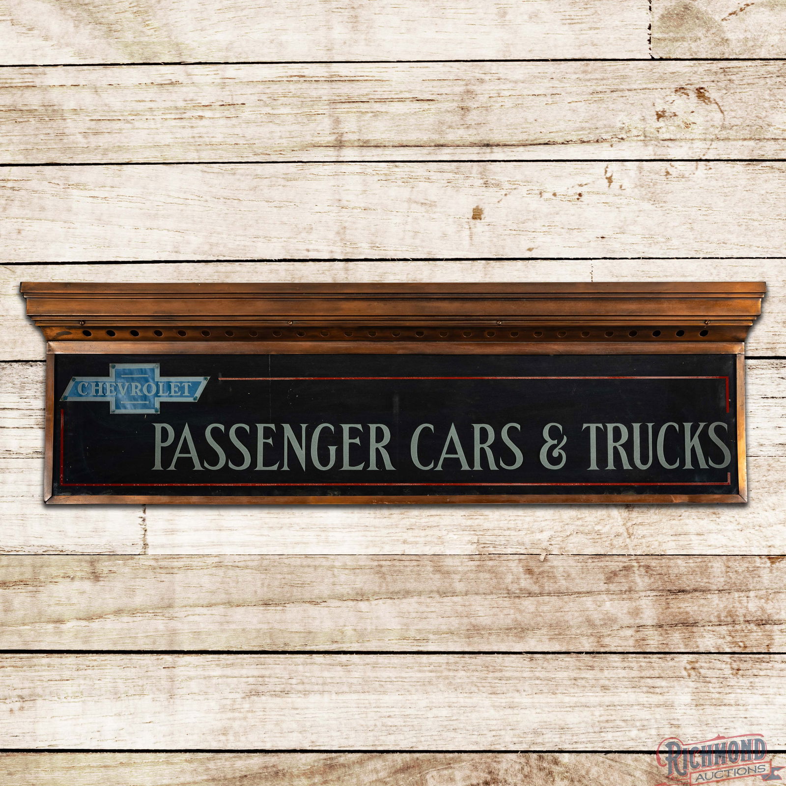 Scarce Chevrolet Passenger Cars & Trucks Reverse Glass Lighted Dealership Display Sign: Impressive single sided reverse on glass lighted sign with a copper can and frame has very good color and works as it should. The glass face has light wear throughout with areas of discoloration to th