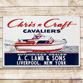 Rare Chris Craft Cavaliers Authorized Dealer Single Sided Tin Sign w/ Speedboat Liverpool New York