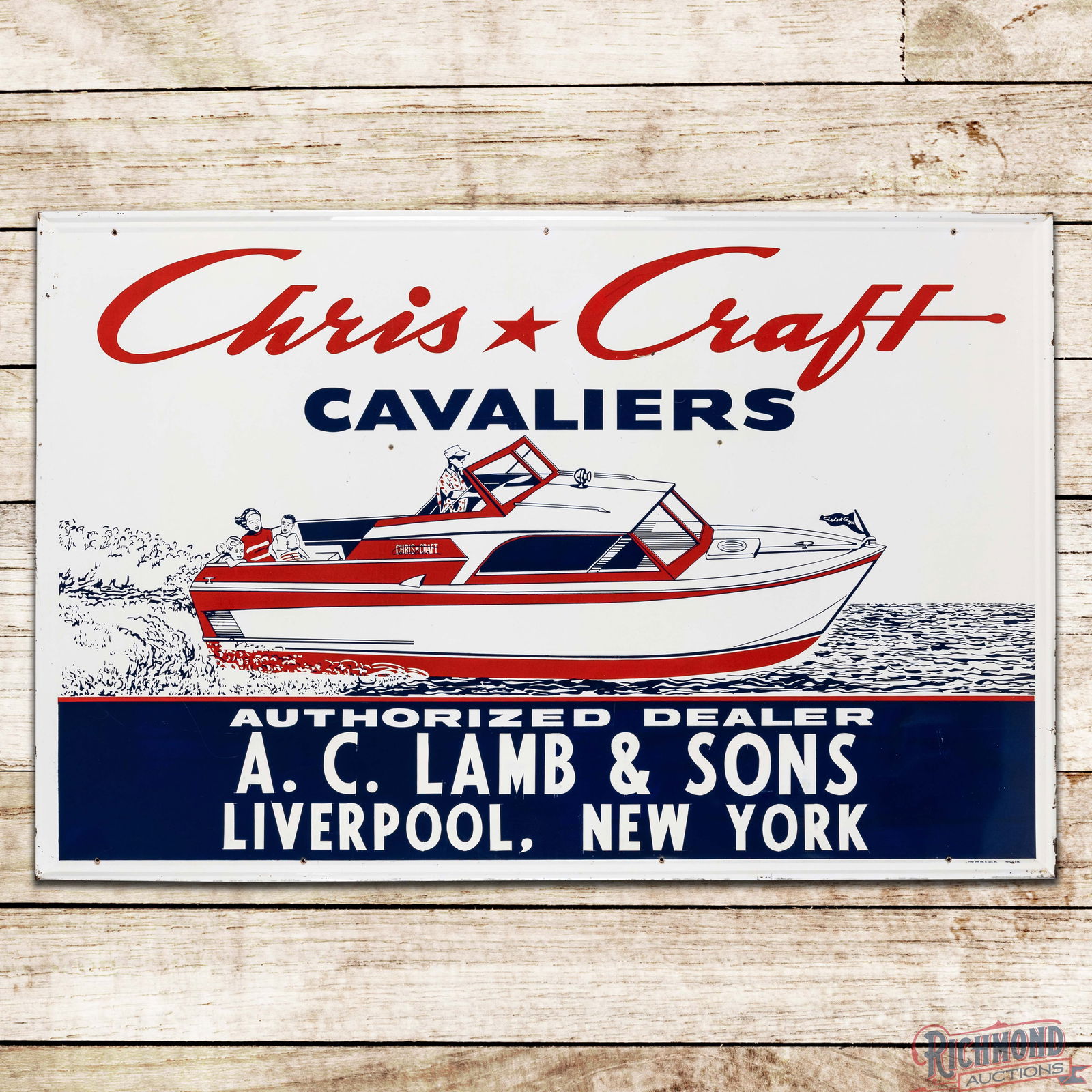 Rare Chris Craft Cavaliers Authorized Dealer Single Sided Tin Sign w/ Speedboat Liverpool New York: SST (Single Sided Tin) self-framed sign with a factory wooden support frame has excellent color and shine. The sign features a colorful detailed graphic of a family aboard a Chris Craft boat on the