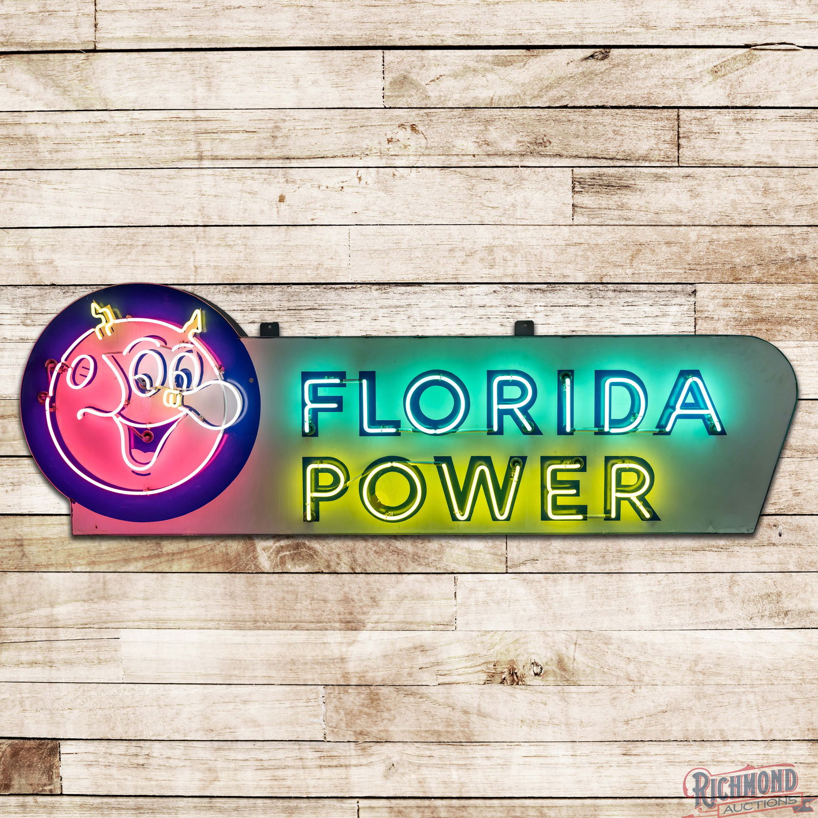 Florida Power 8' Single Sided Porcelain Factory Neon Sign w/ Reddy Kilowatt: SSP (Single Sided Porcelain) die cut factory neon sign with metal can has good color and gloss. The sign features two-color porcelain enamel with vibrant four-color neon and a large graphic of Reddy K