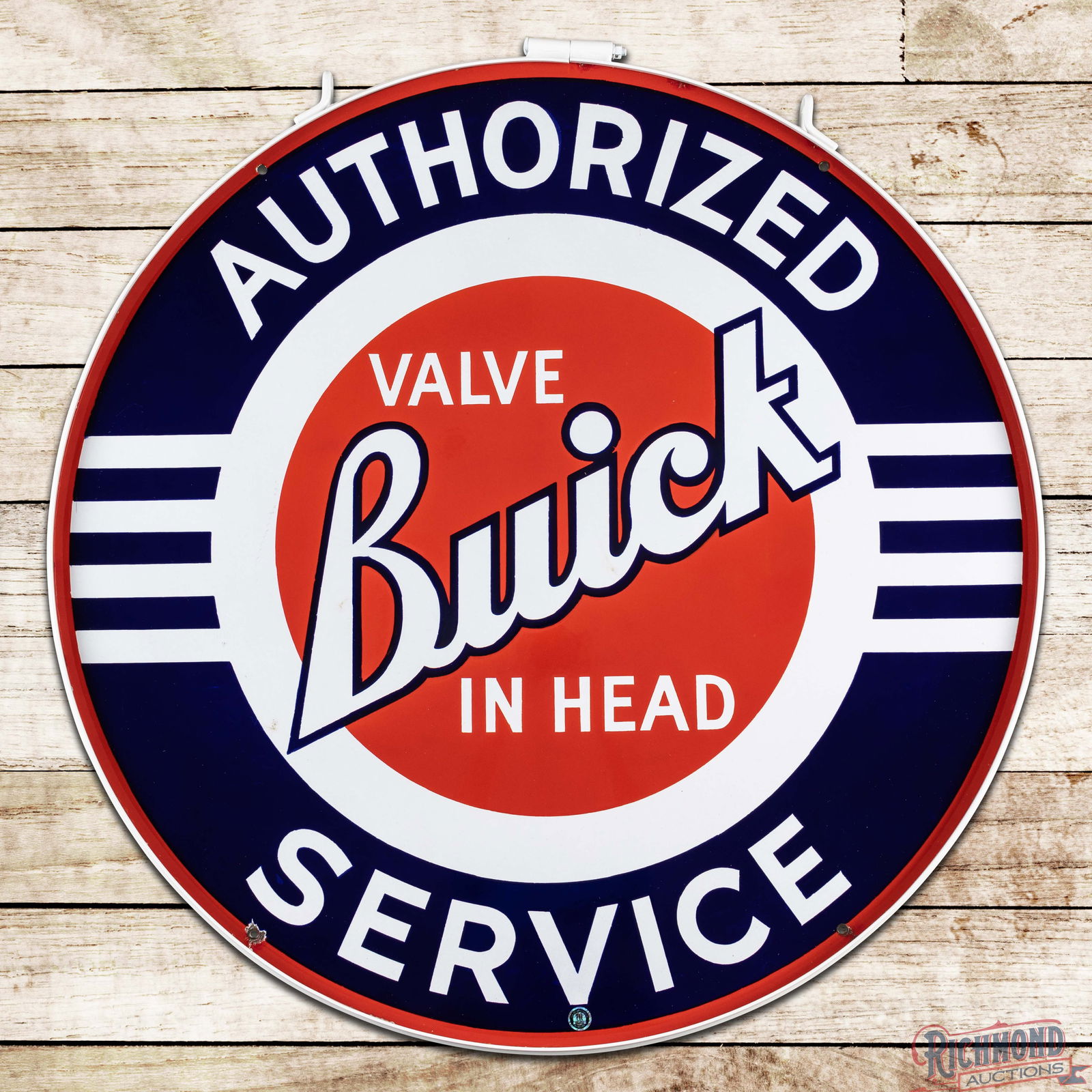 Buick Valve in Head Authorized Service 42" Double Sided Porcelain Sign w/ Ring "Small B": DSP (Double Sided Porcelain) sign has outstanding color and gloss. Side #1 has a clean field with minor surface imperfections and small bruises. The perimeter has a chip at the lower left mounting