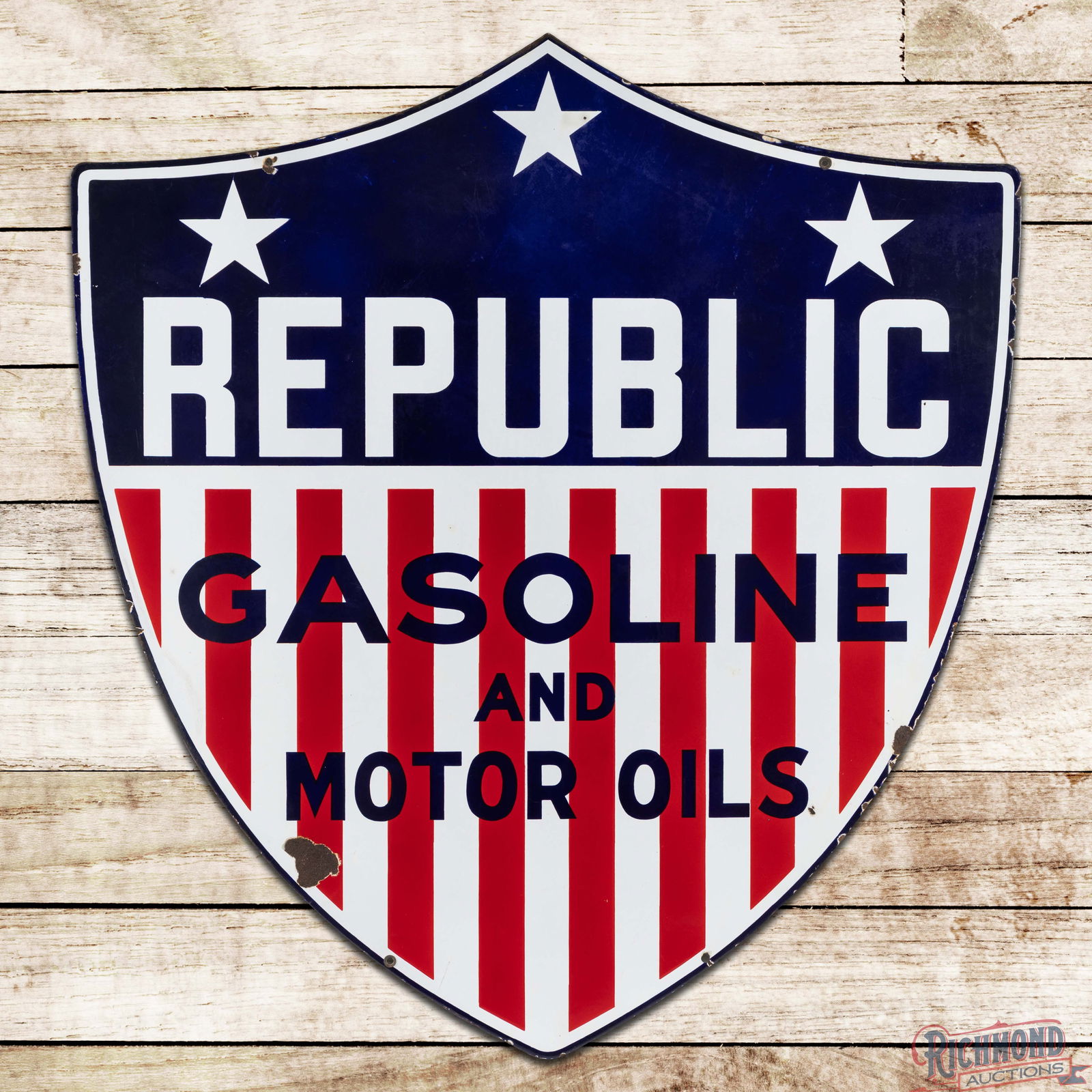 Rare Republic Gasoline and Motor Oils 4' Die Cut Double Sided Porcelain Shield Sign: DSP (Double Sided Porcelain) die cut shield sign has excellent color and gloss. Side #1 has minor imperfections in the field with areas of cloudiness in the upper field and small chips in the outer fi