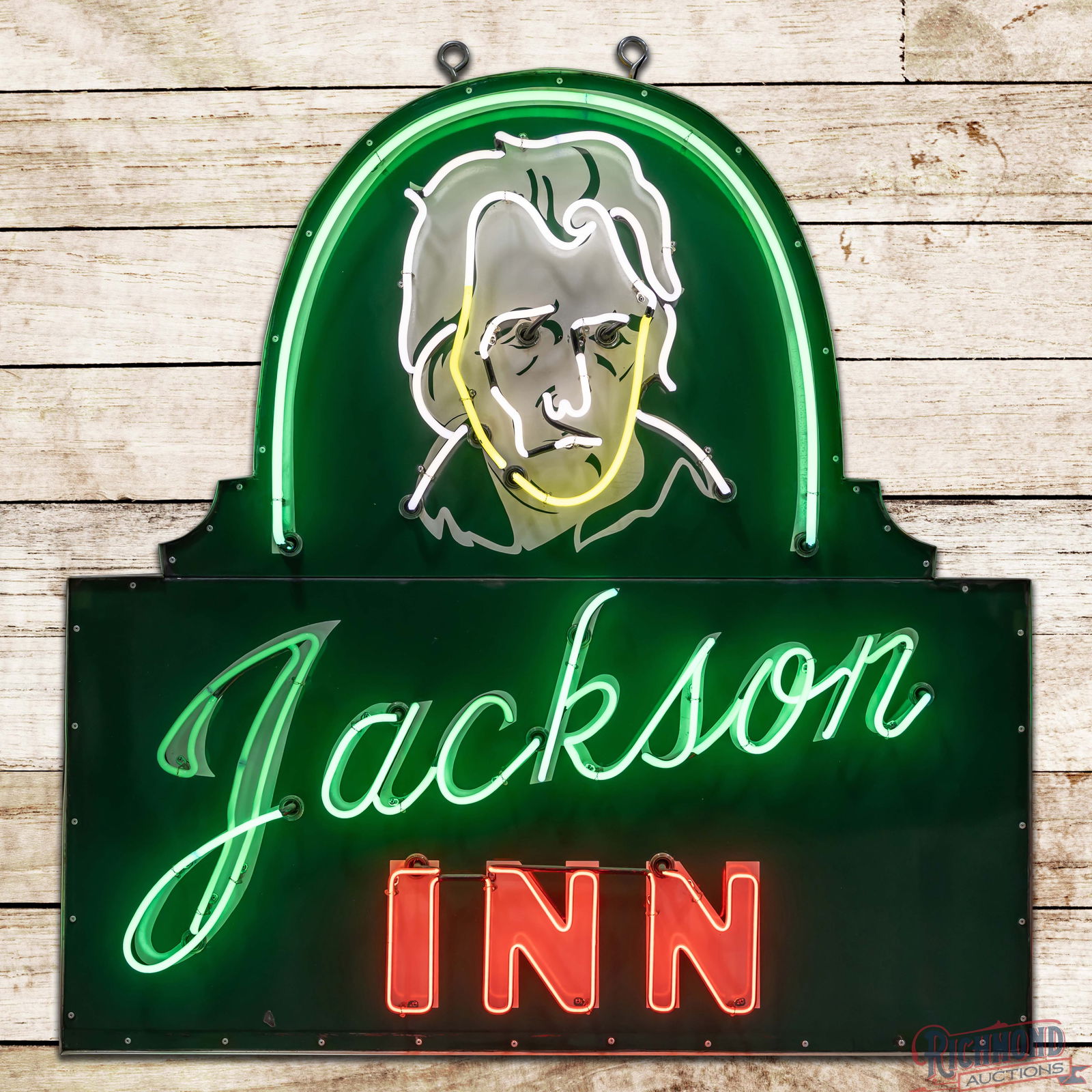 Jackson Inn Die Cut 5' Single Sided Porcelain Factory Neon Sign Wilmington Delaware: SSP (Single Sided Porcelain) multi-piece die cut factory neon sign with a metal can has excellent color and gloss. The sign features a silhouette of Andrew Jackson in the upper field with striking fou