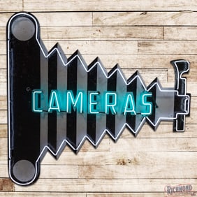 Cameras Die Cut 8' Double Sided Tin Factory Neon Sign w/ Early Bellows Camera